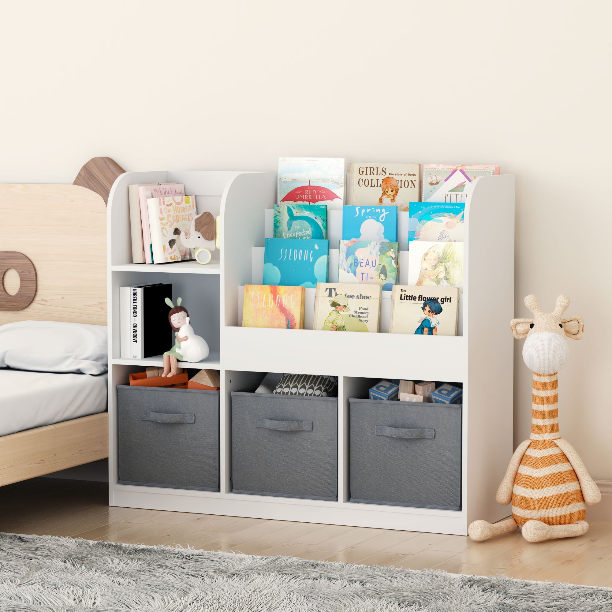 Bookcase And Bookshelf With 3 Collapsible Drawers, Multifunctional Display Stand