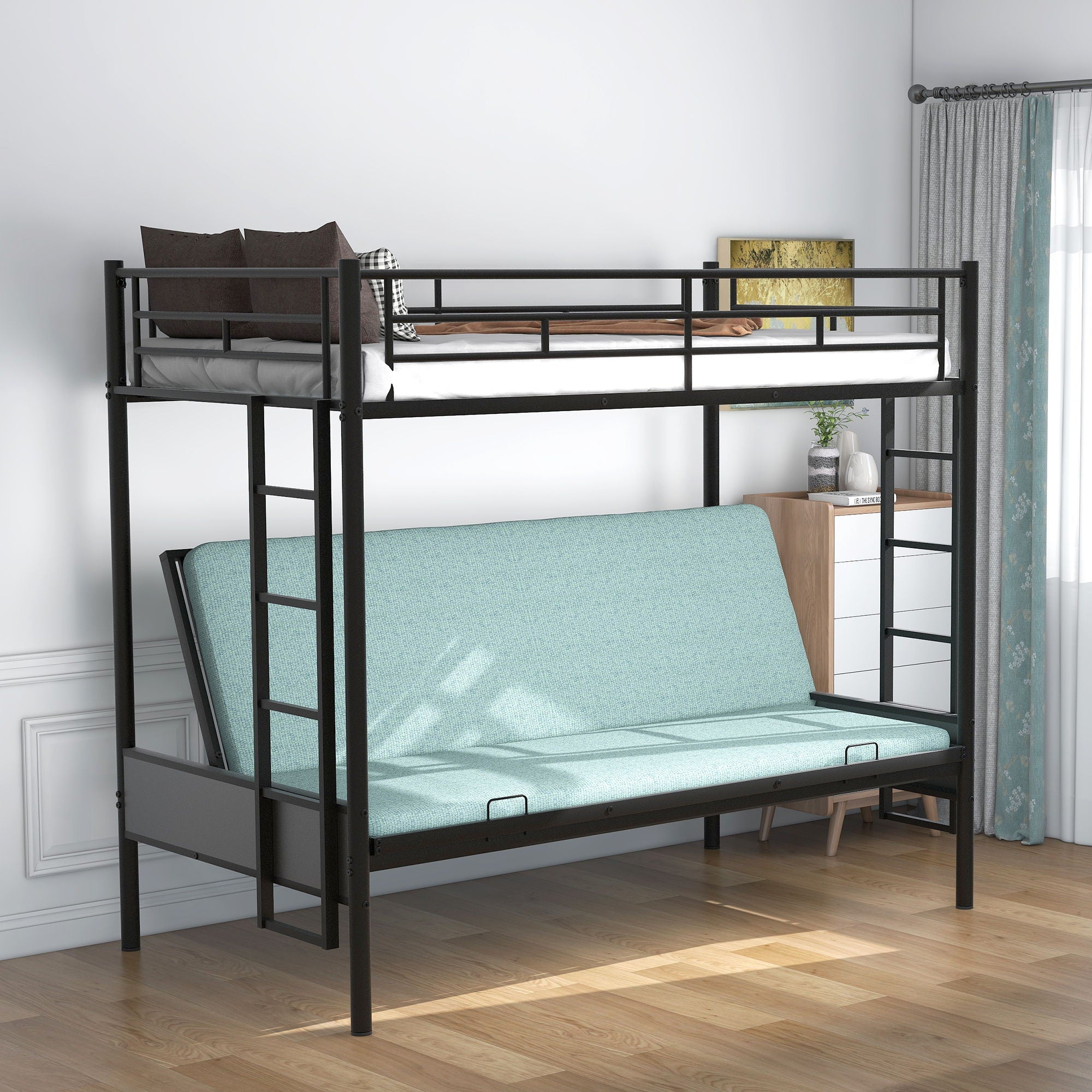 Twin Over Full Bunk Bed, Multi Function - Black