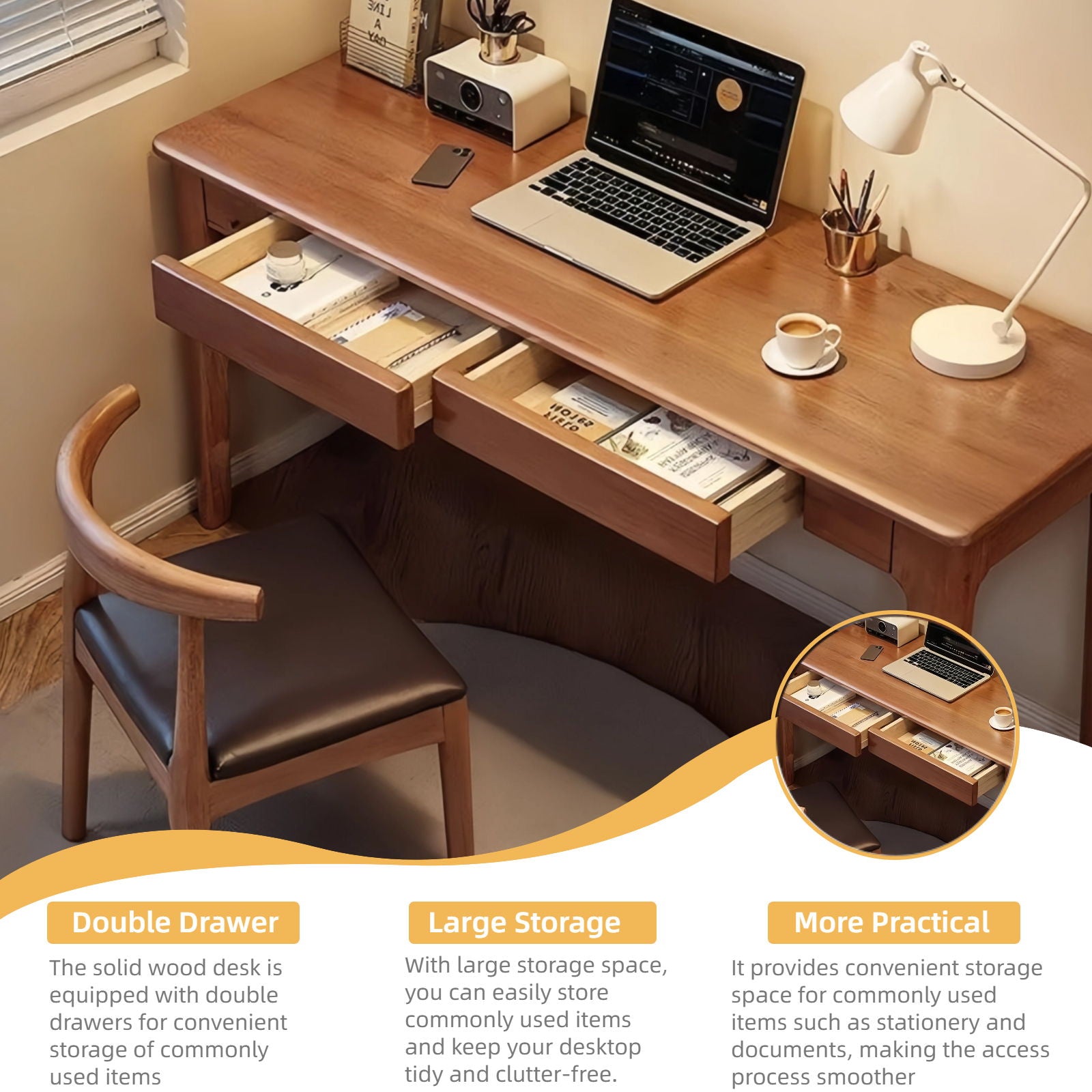 Desk With Drawers, Smooth Edge Design - Walnut