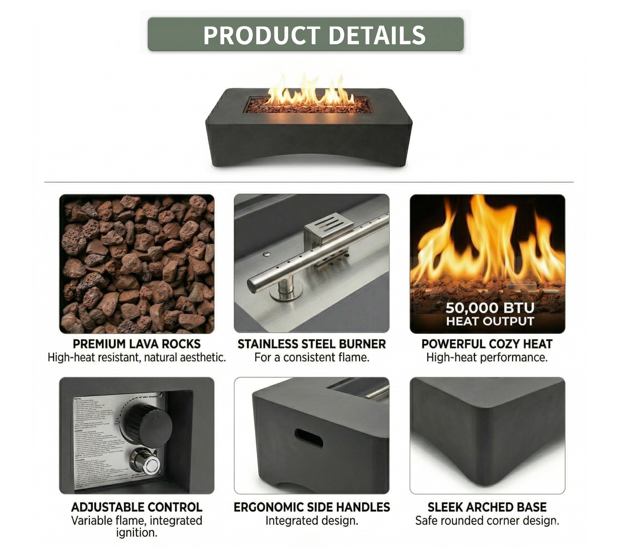 56" Propane Fire Pit Table, Rectangular Outdoor Gas Fire Pit