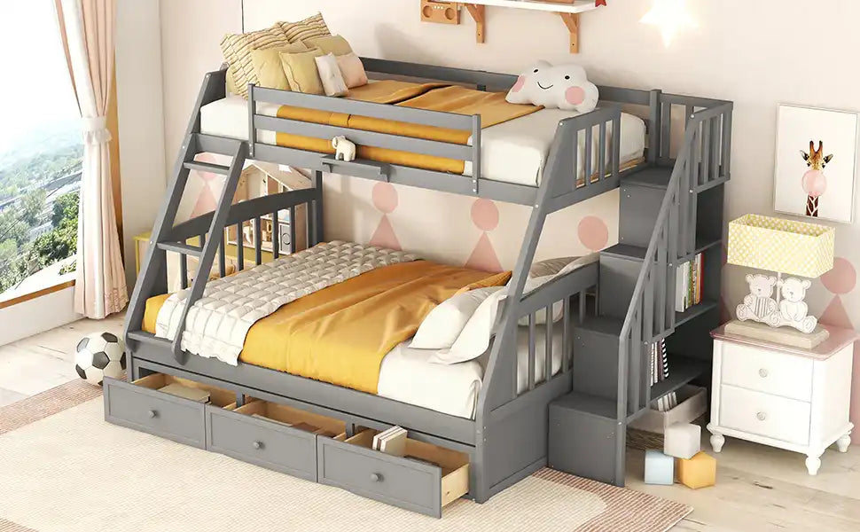 Twin-Over-Full Bunk Bed with Drawers，Ladder and Storage Staircase, Gray - Best Buy Furniture