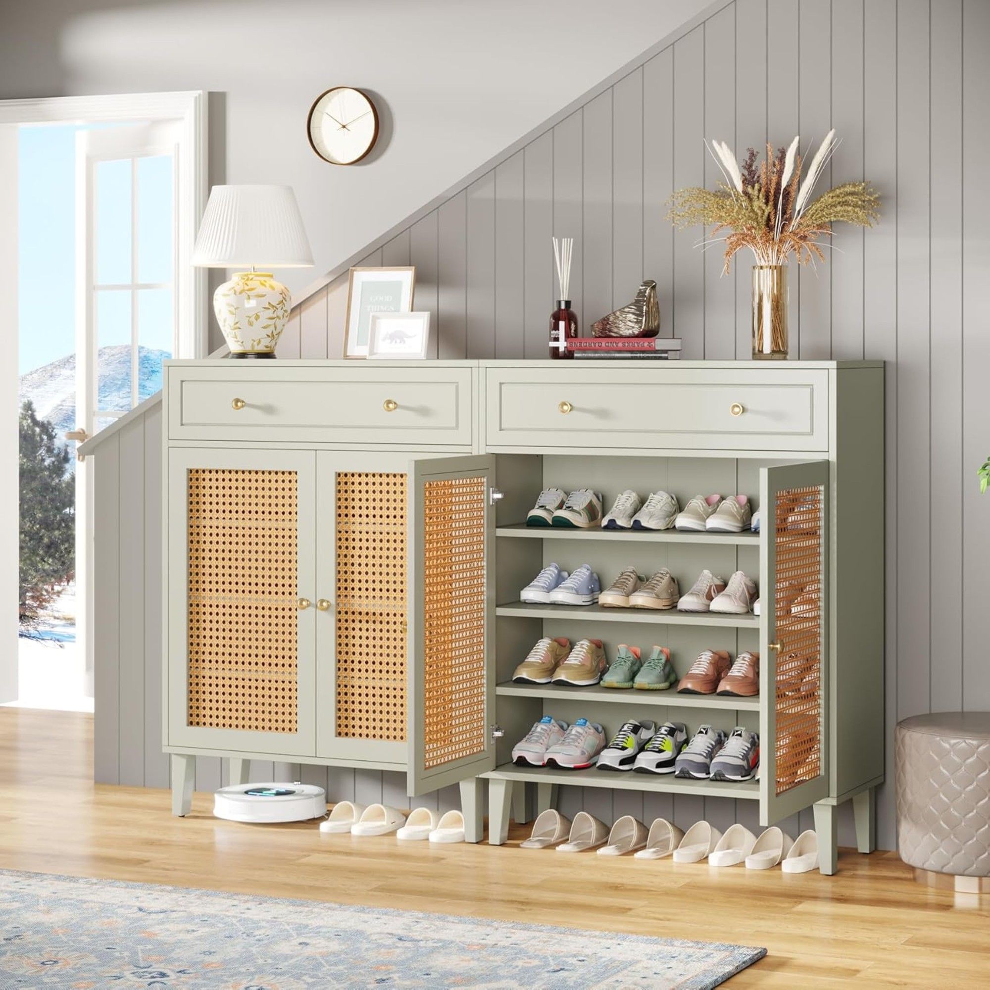 Shoe Cabinet With Rattan Doors And Drawer, 4 Tier Storage Organizer - Mint Green