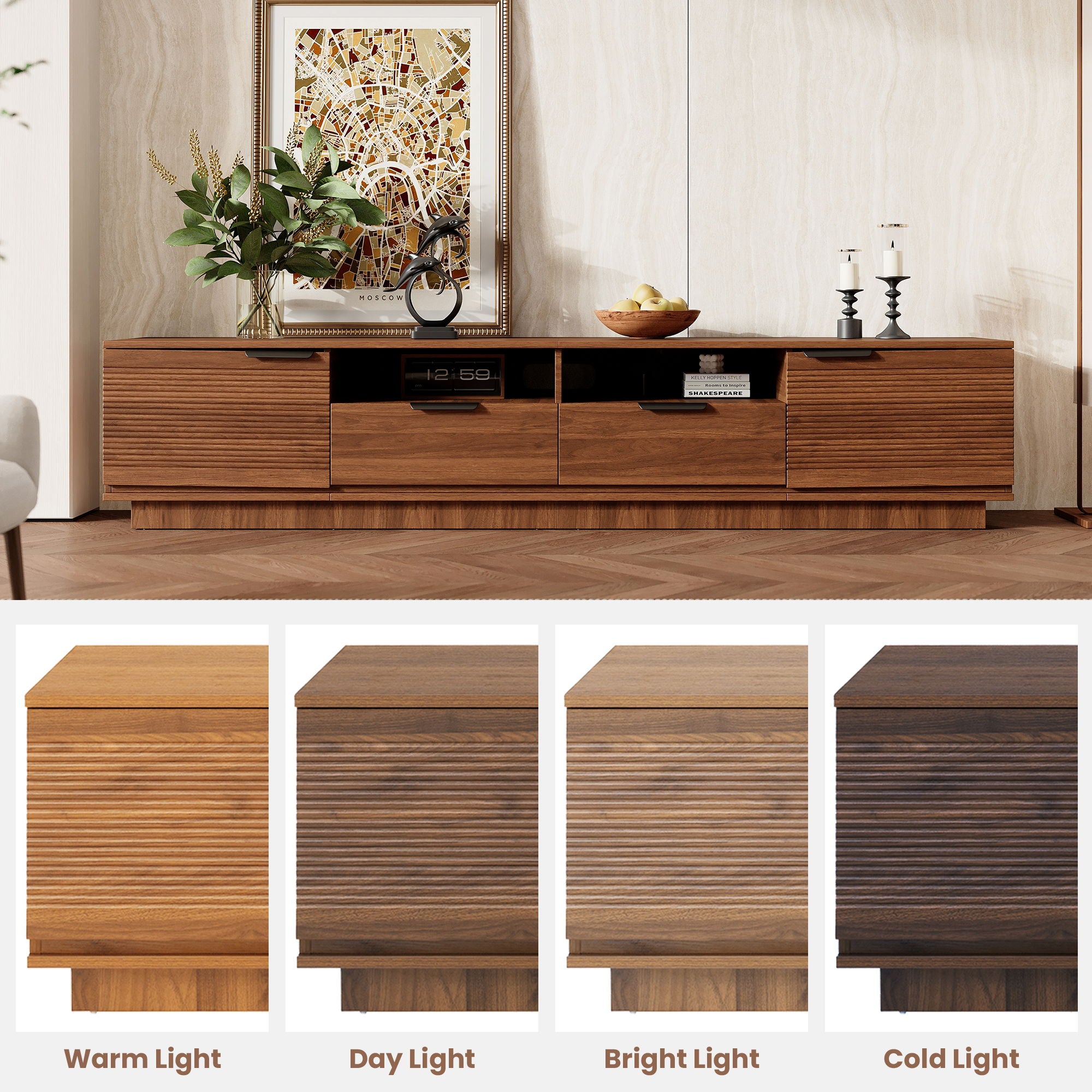 TV Stand, Entertainment Center With Deep Drawers, Cable Management & Soft Closing Hinges