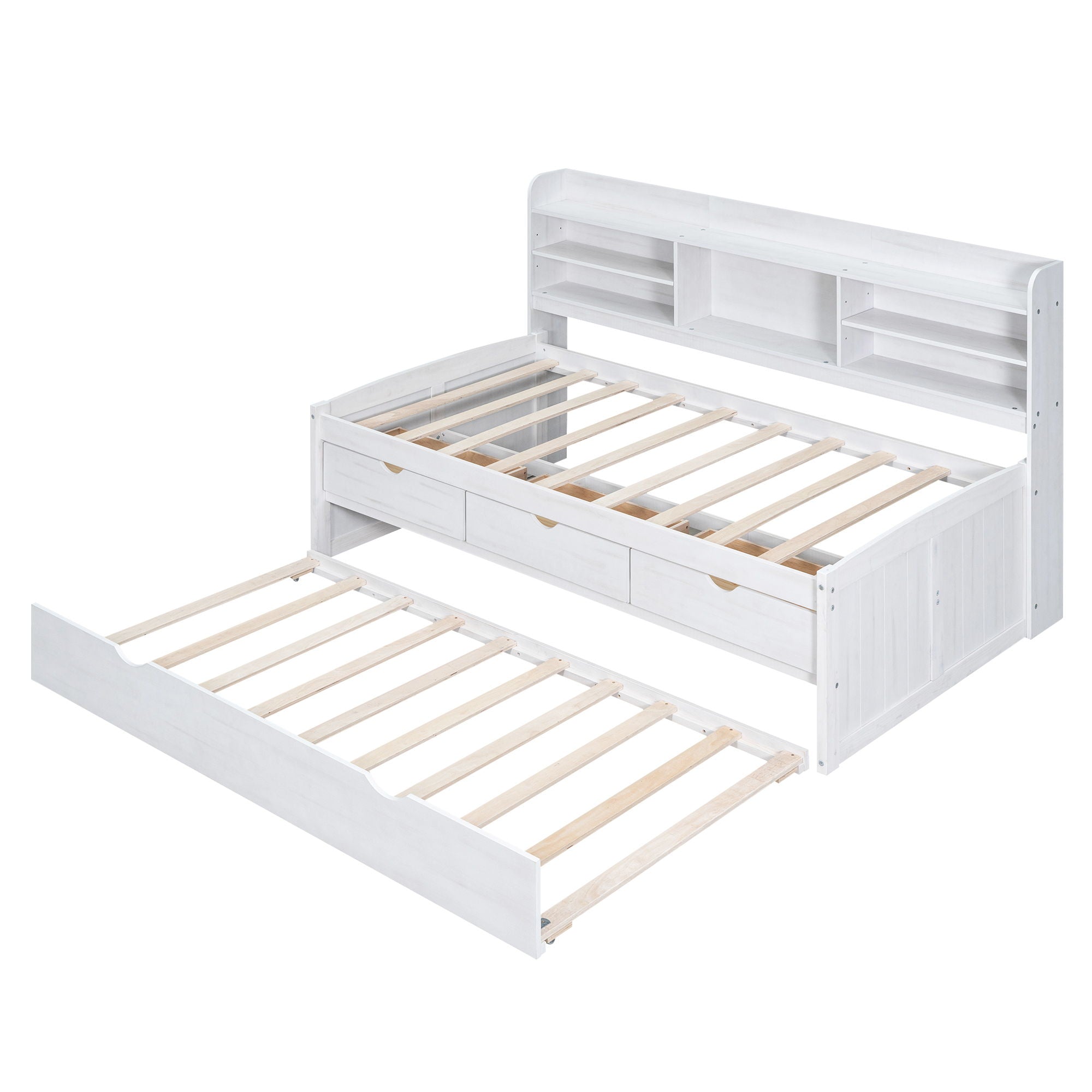 Captain Bed With Built In Bookshelves, 3 Storage Drawers, And Trundle