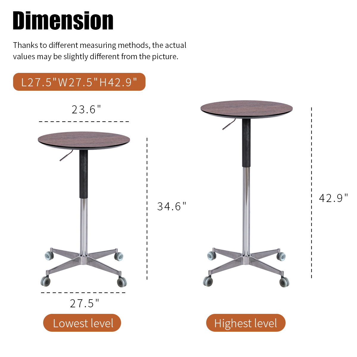 Movable, Adjustable 360 Swivel, Counter Bar Height Table