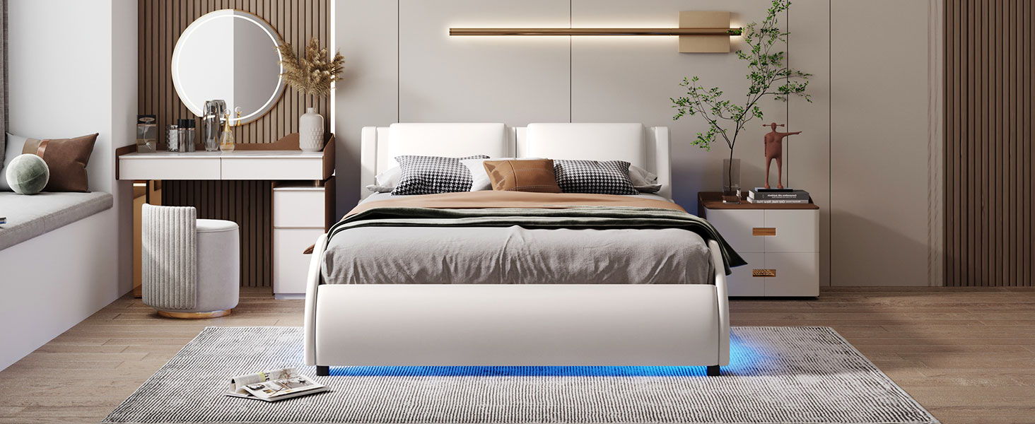 Upholstered Platform Bed With LED Light, Frame Slatted