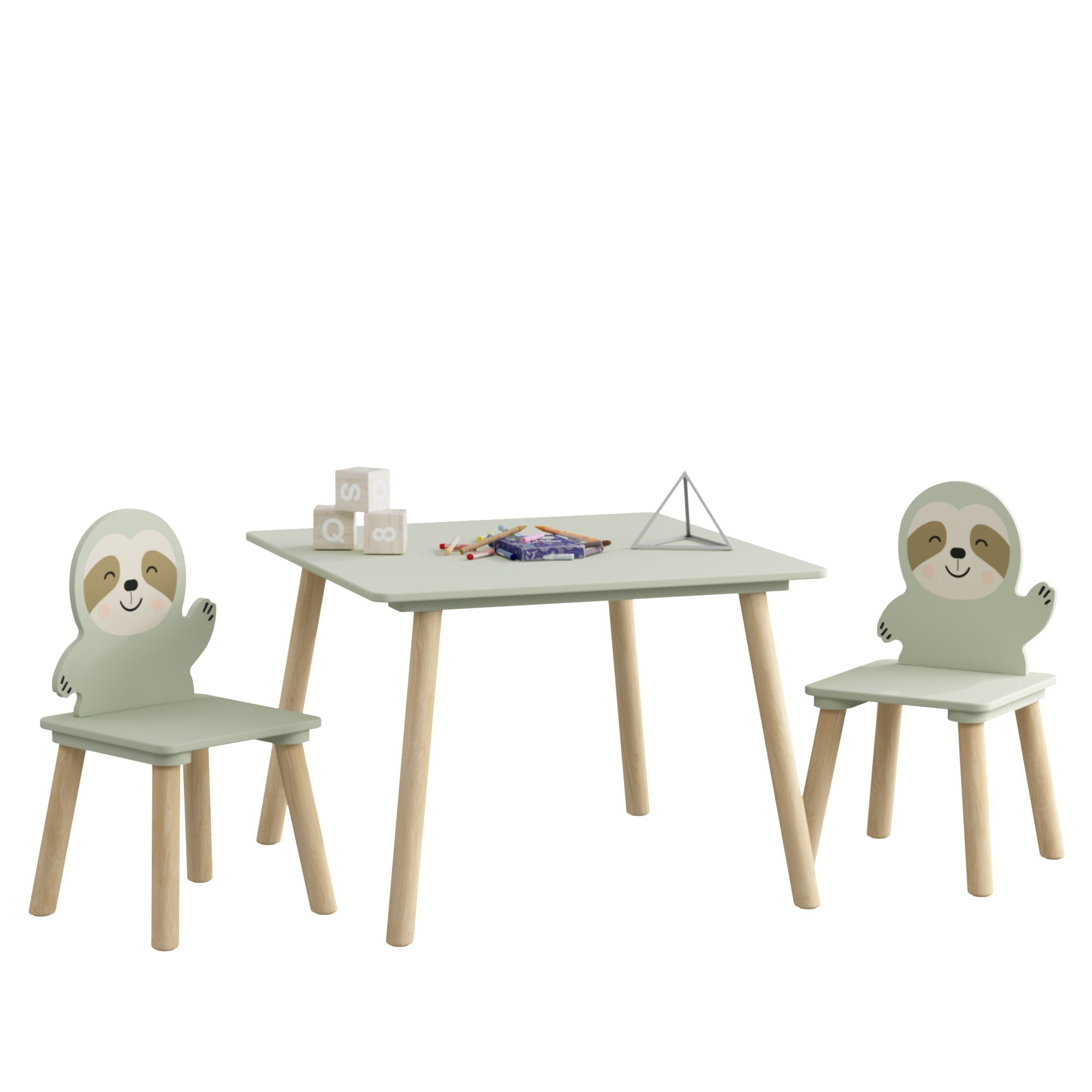 Sloth Themed Table And Chair Set With 2 Cute Animal Chairs - Natural Wood / Sage Green