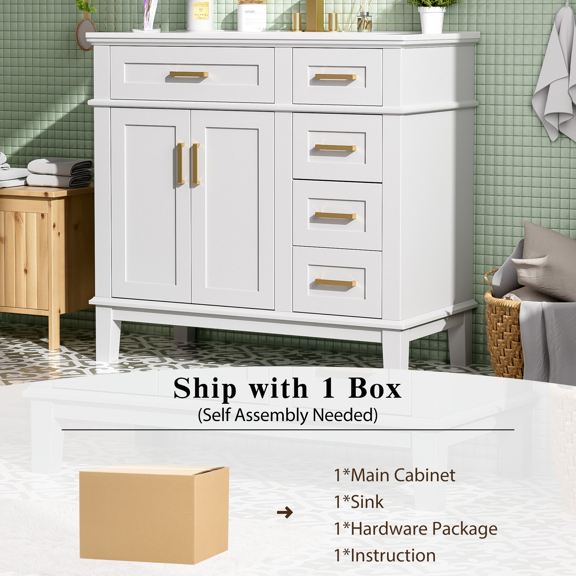 Bathroom Vanity With Sink, Soft Close Doors, 4 Storage Drawers