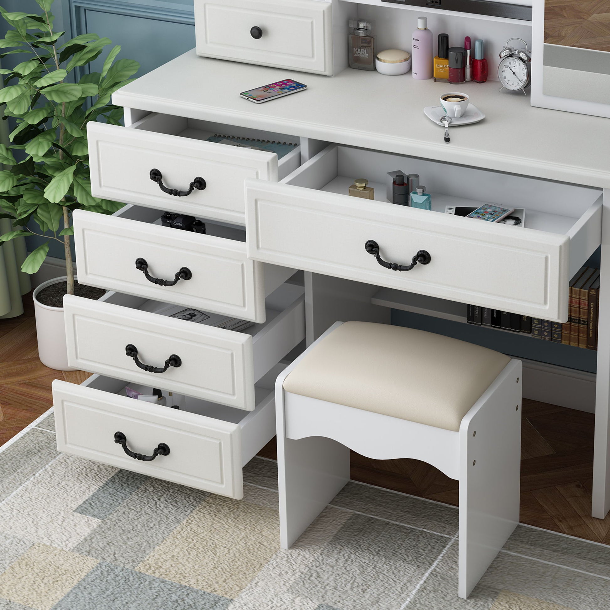 Fashion Vanity Desk With Mirror And Adjustable Lighting, 6 Drawers, 3 Color Light Modes - White - Best Buy Furniture