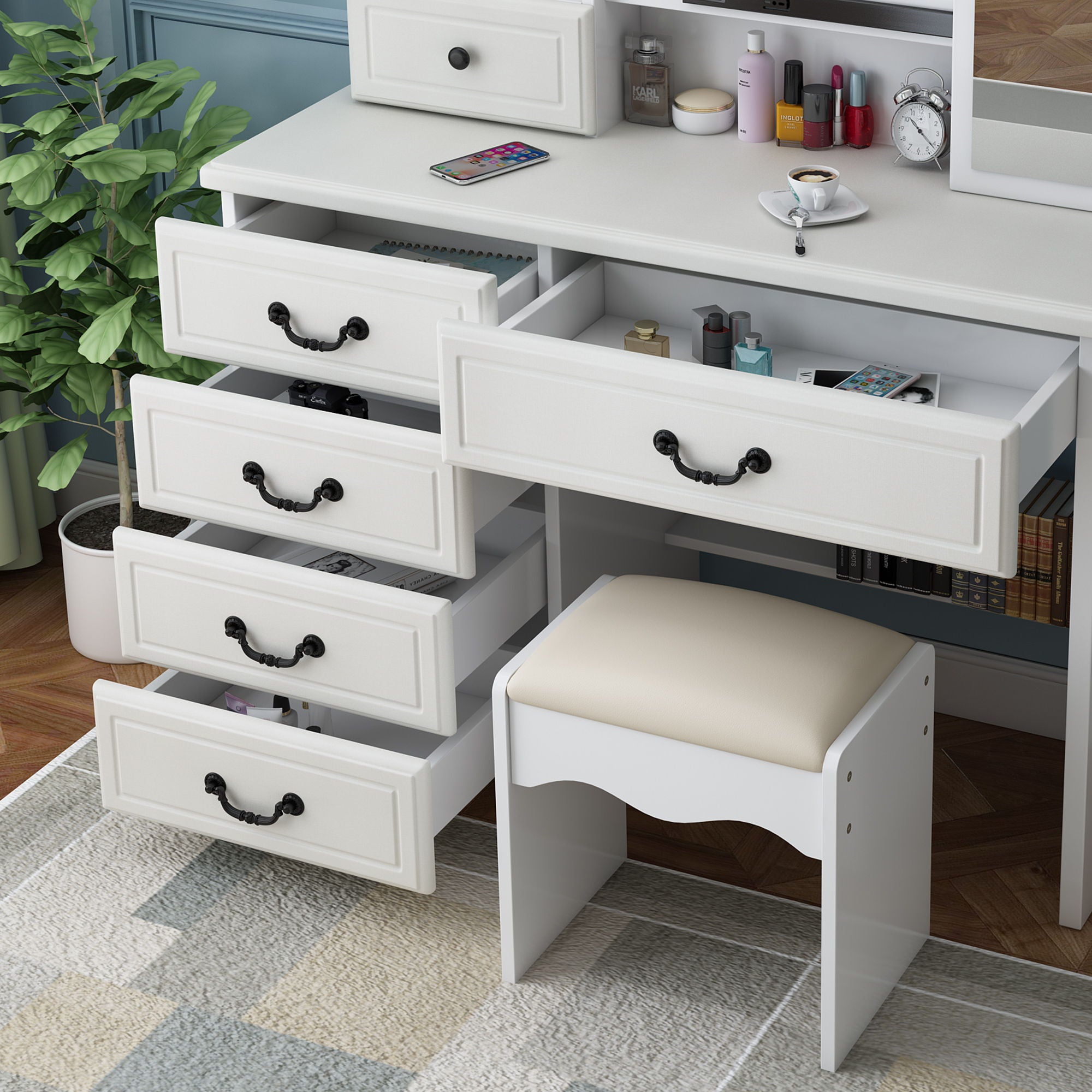 Fashion Vanity Desk With Mirror And Adjustable Lighting, 6 Drawers, 3 Color Light Modes - White - Best Buy Furniture