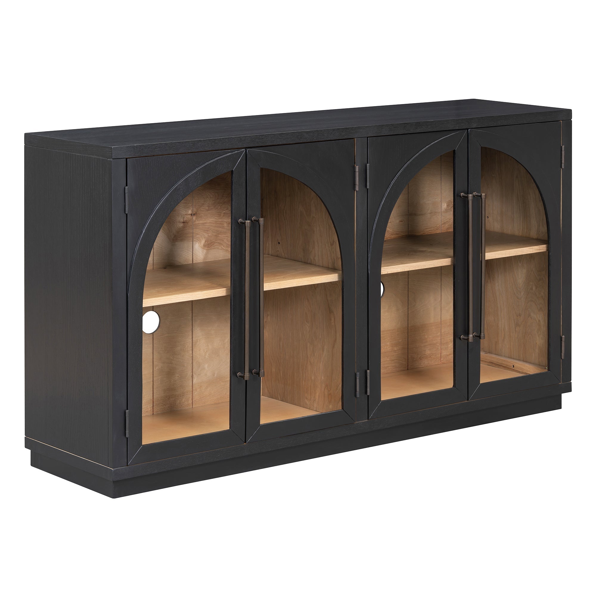 4-Door Large Storage Sideboard Buffet Cabinet with Glass Doors Arched Cabinet (Black)