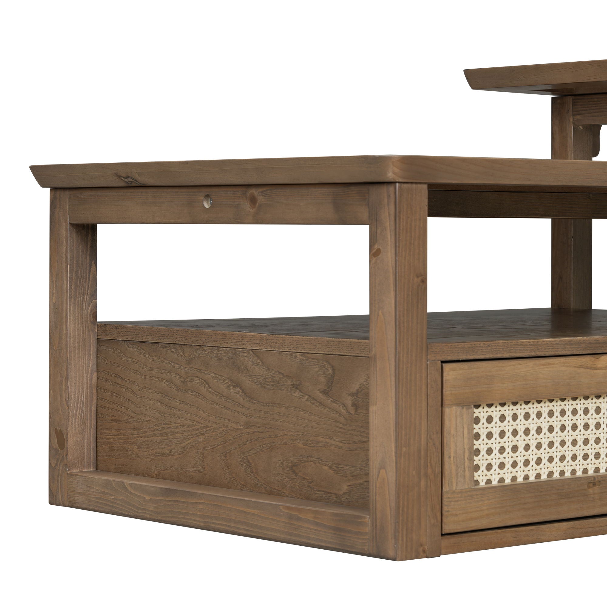 Coffee Table With 1 Storage Shelf, 2 Tabletops And 1 Rattan Drawer