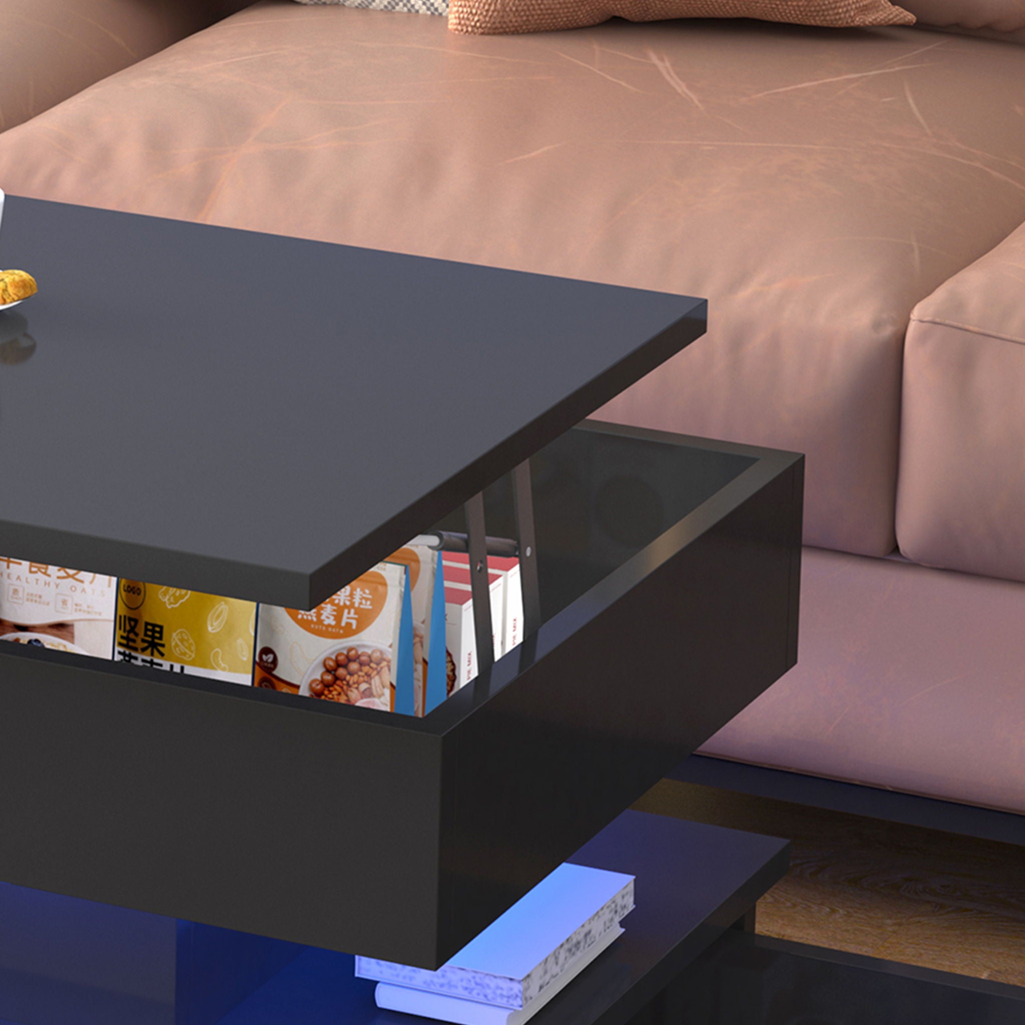 Contemporary Foldable Coffee Table With Drawers And LED, 3 Tier Design