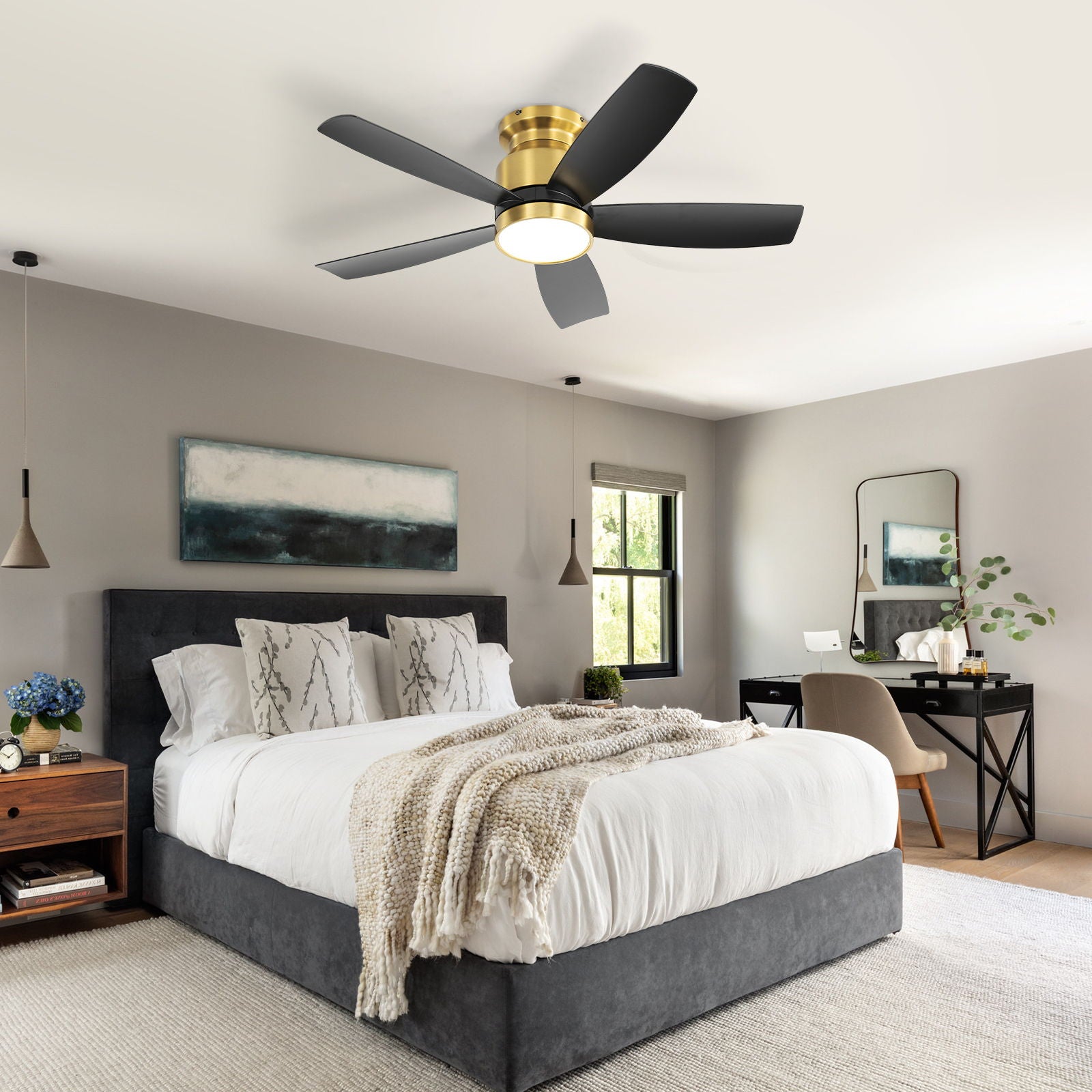 Flush Mount Ceiling Fan With LED Light 22W And Remote Control Blades / Body, DC Motor