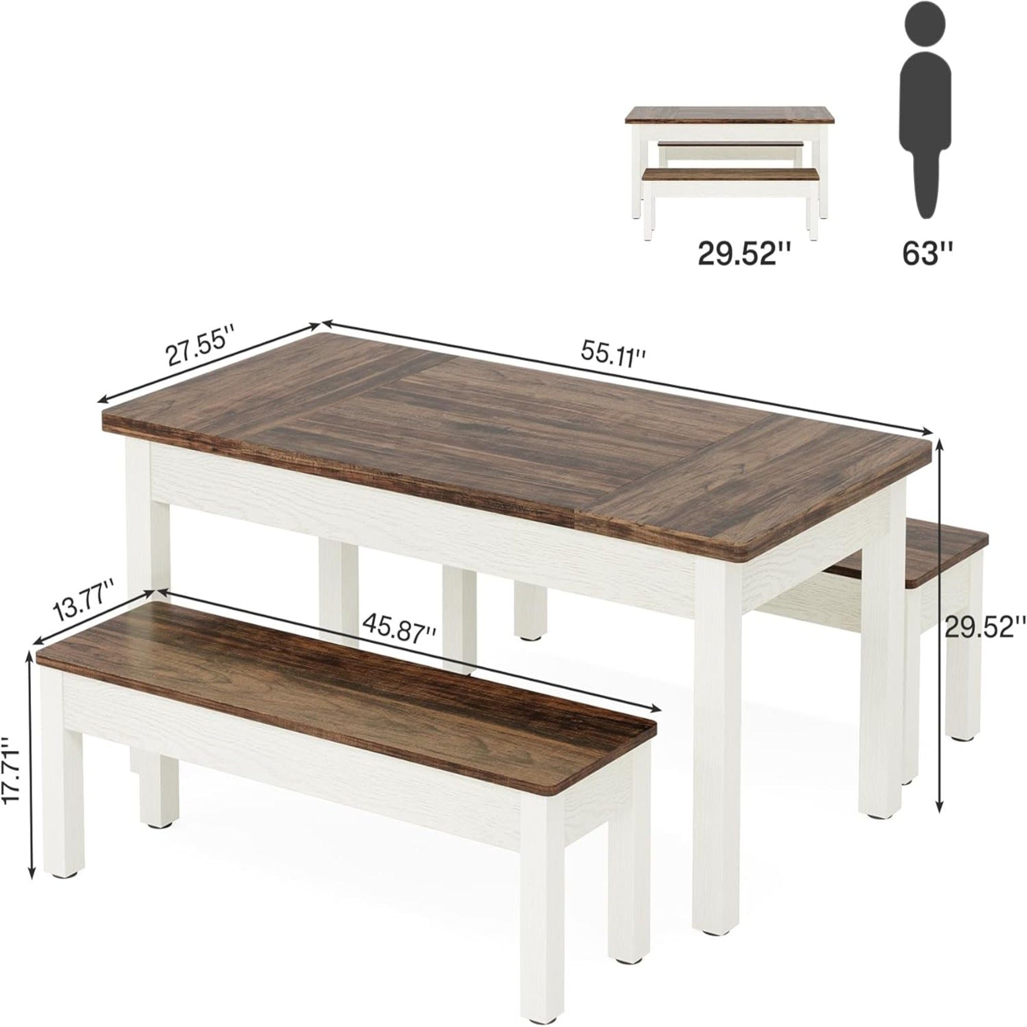 Dining Table Set For 4 - 6 With Tuck Under Benches - Brown / White