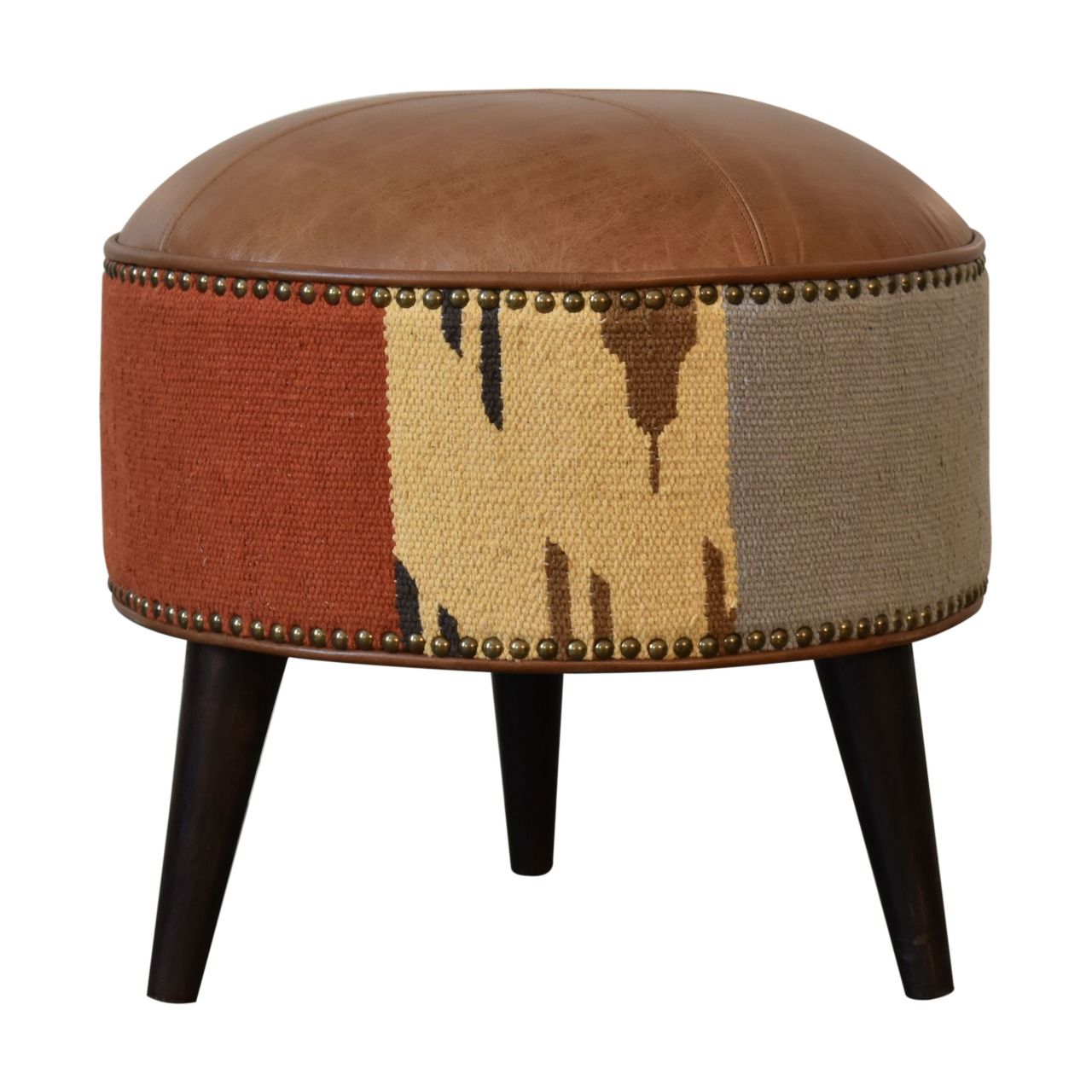 Durrie & Leather Mixed Footstool - Brown
