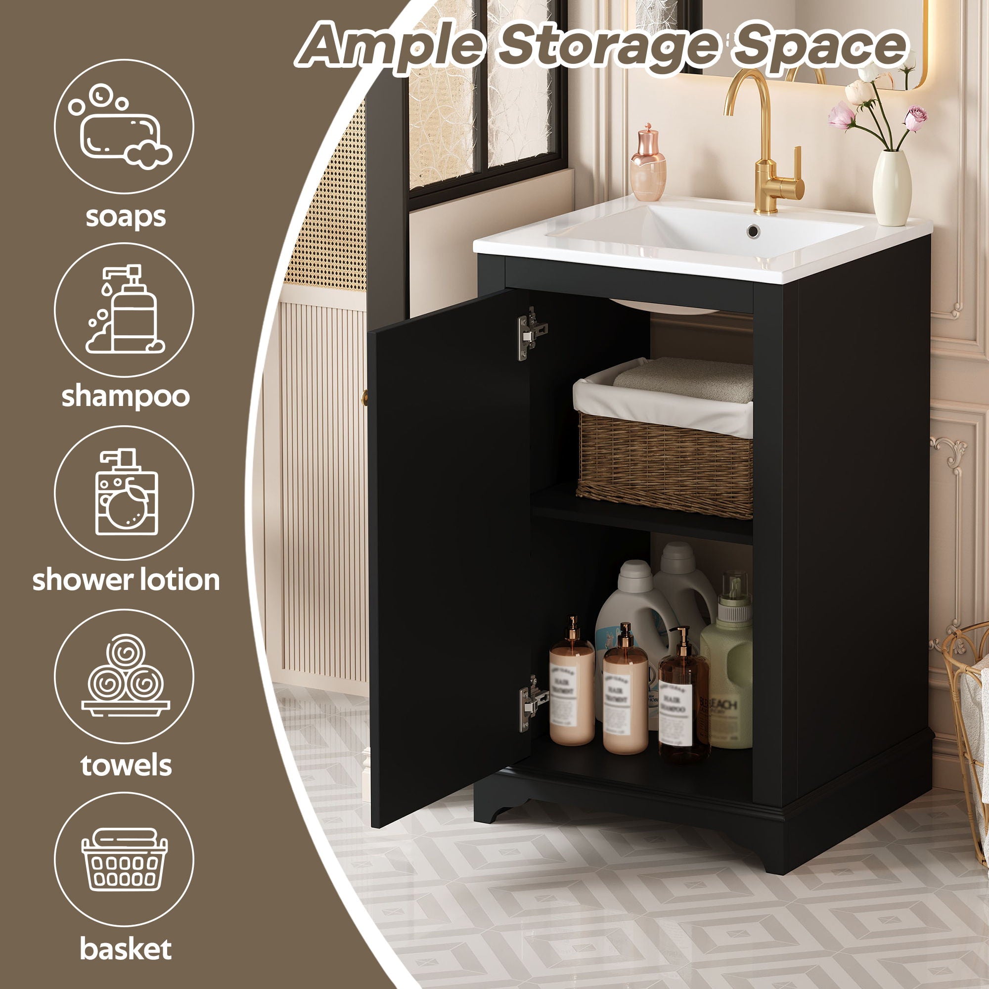 Bathroom Vanity With Sink, Freestanding Single Cabinet Set, Soft Close Door, Adjustable Shelf