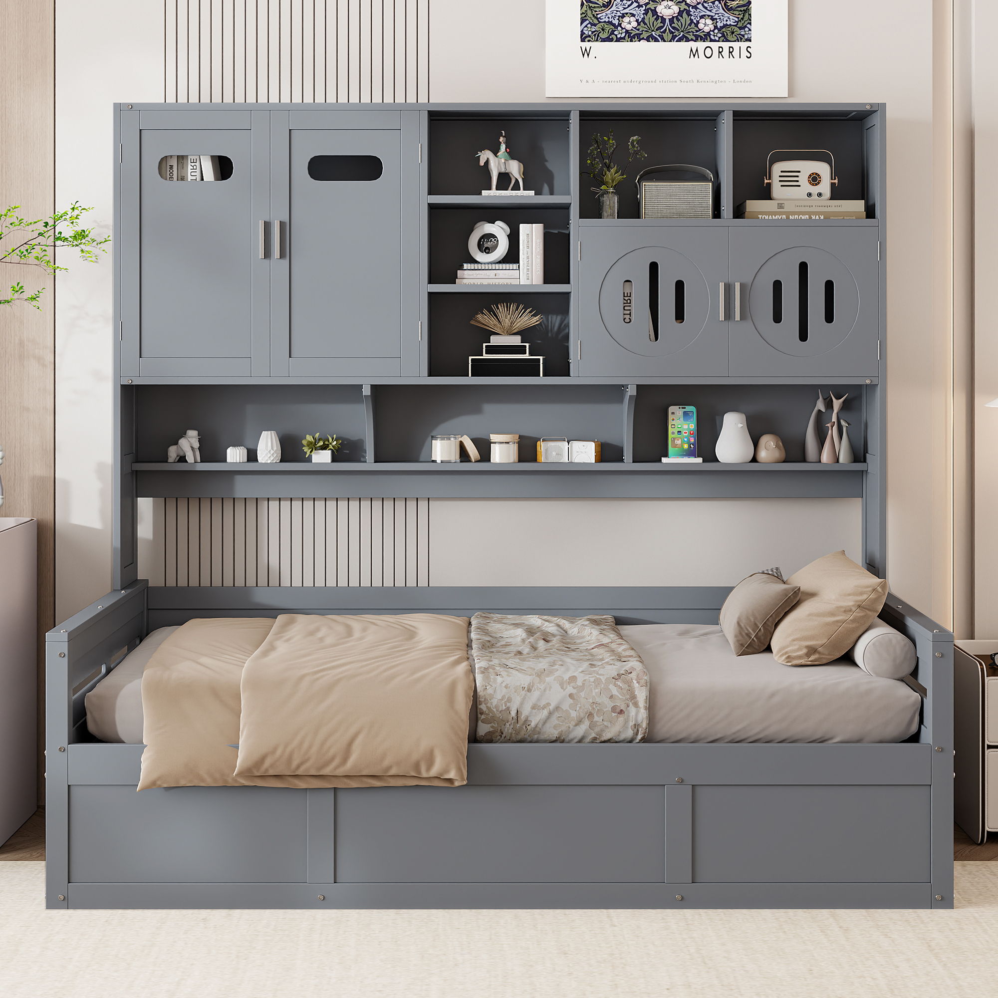 Daybed With All-In-One Cabinet And Shelf
