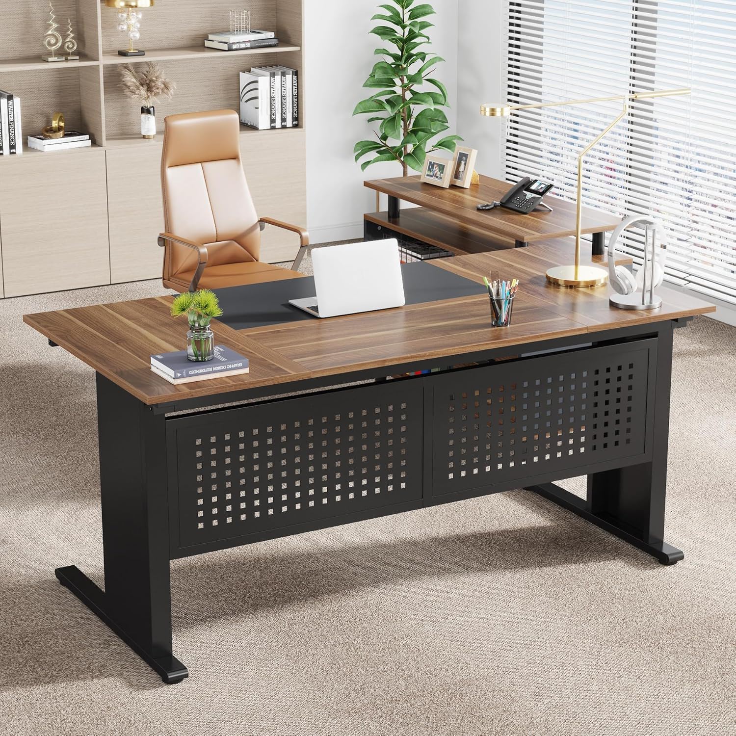 L-Shaped Executive Desk With File Cabinet , Office Workstation With Drawers, Shelves & Storage
