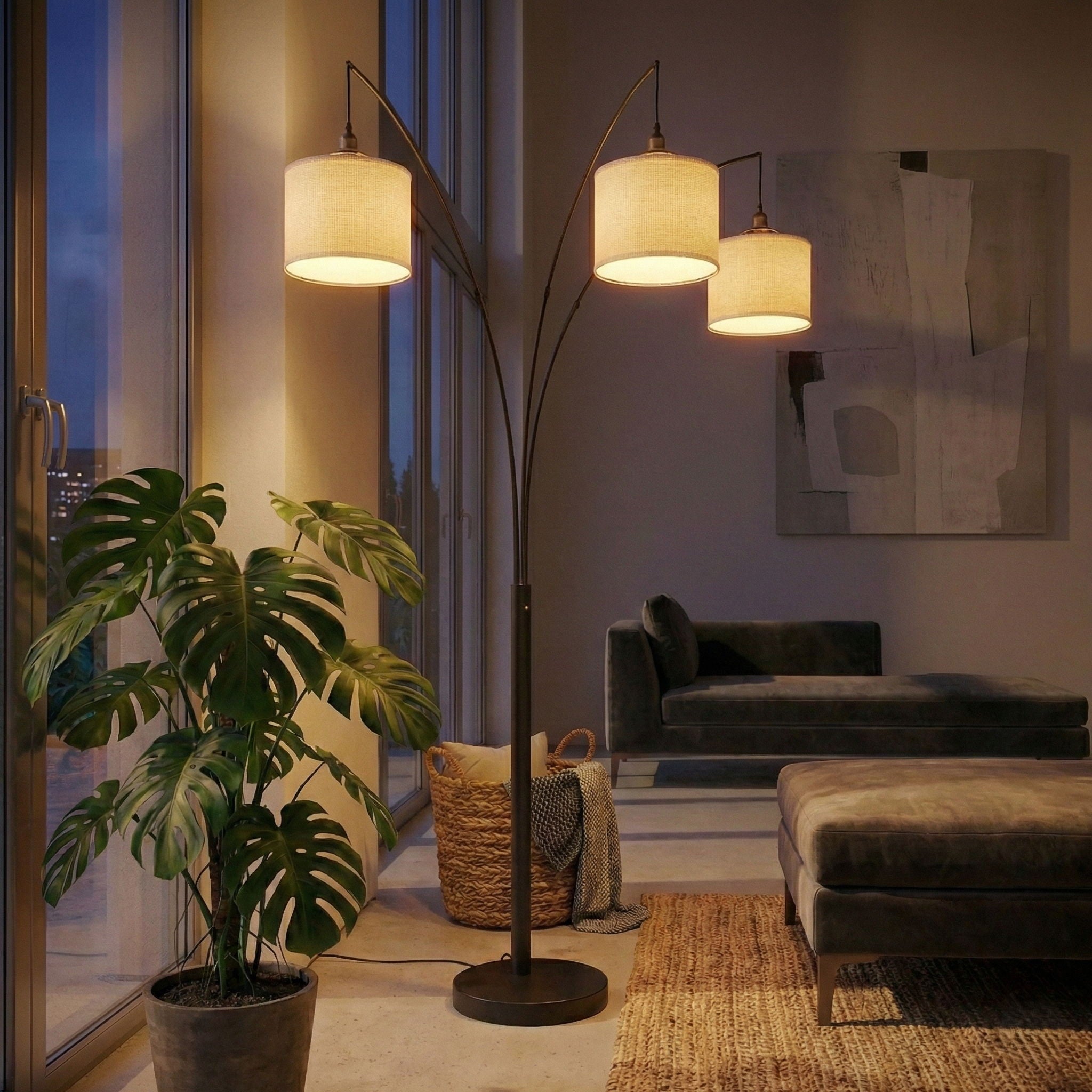 Royal - 3 Arm Arc Floor Lamp, Oil Rubbed Bonze With Linen Shade, 4 Way Rotary Switch - Oil-Rubbed Bronze