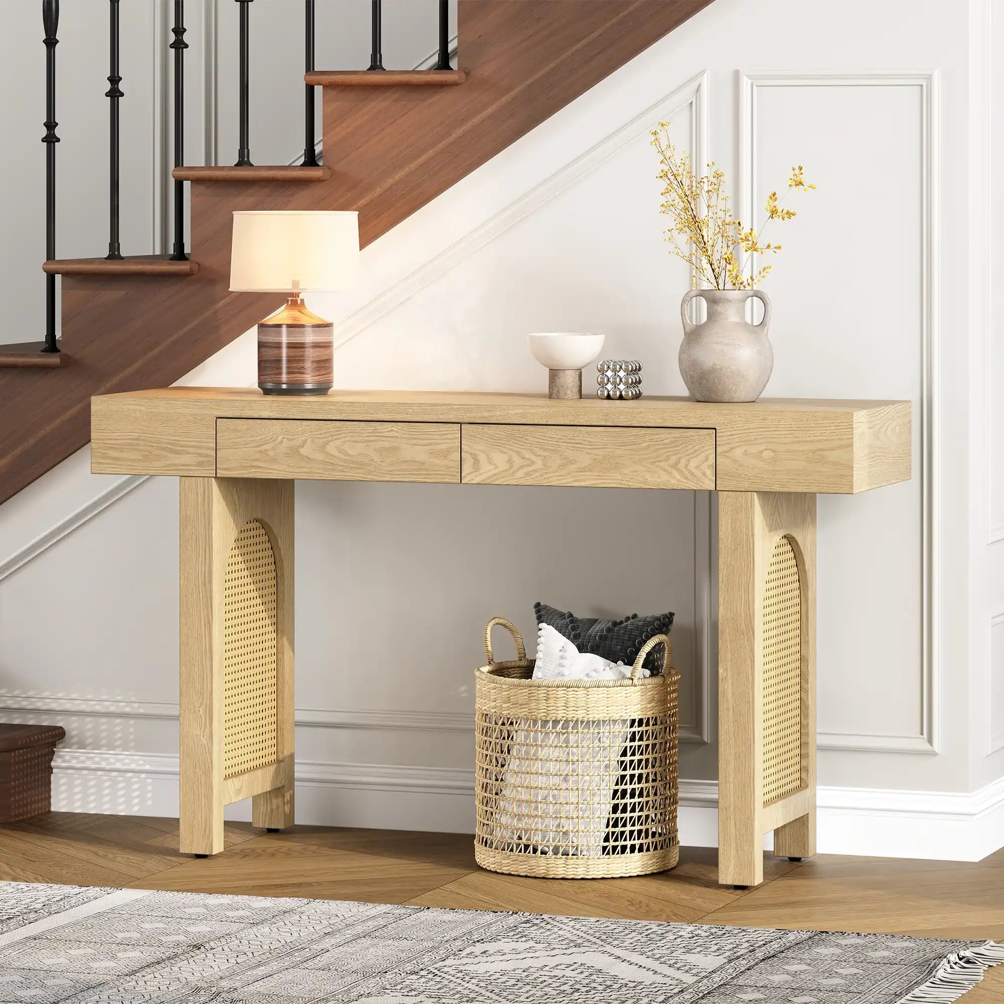 Lavelle Console Table with Rattan Accent & Storage Drawers