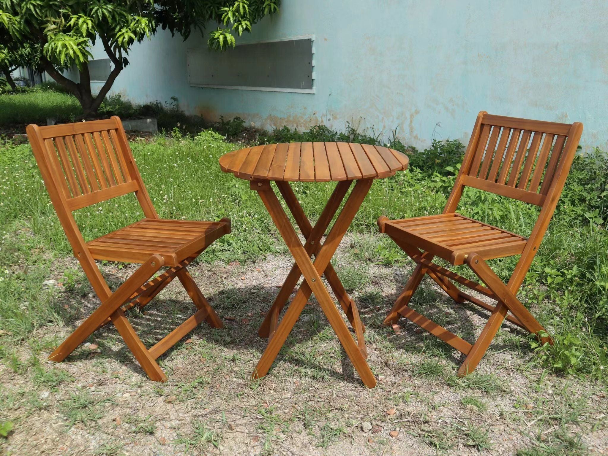 3 Piece Acacia Bistro Set, Folding Patio Furniture With 1 Coffee Table And 2 Foldable Chairs