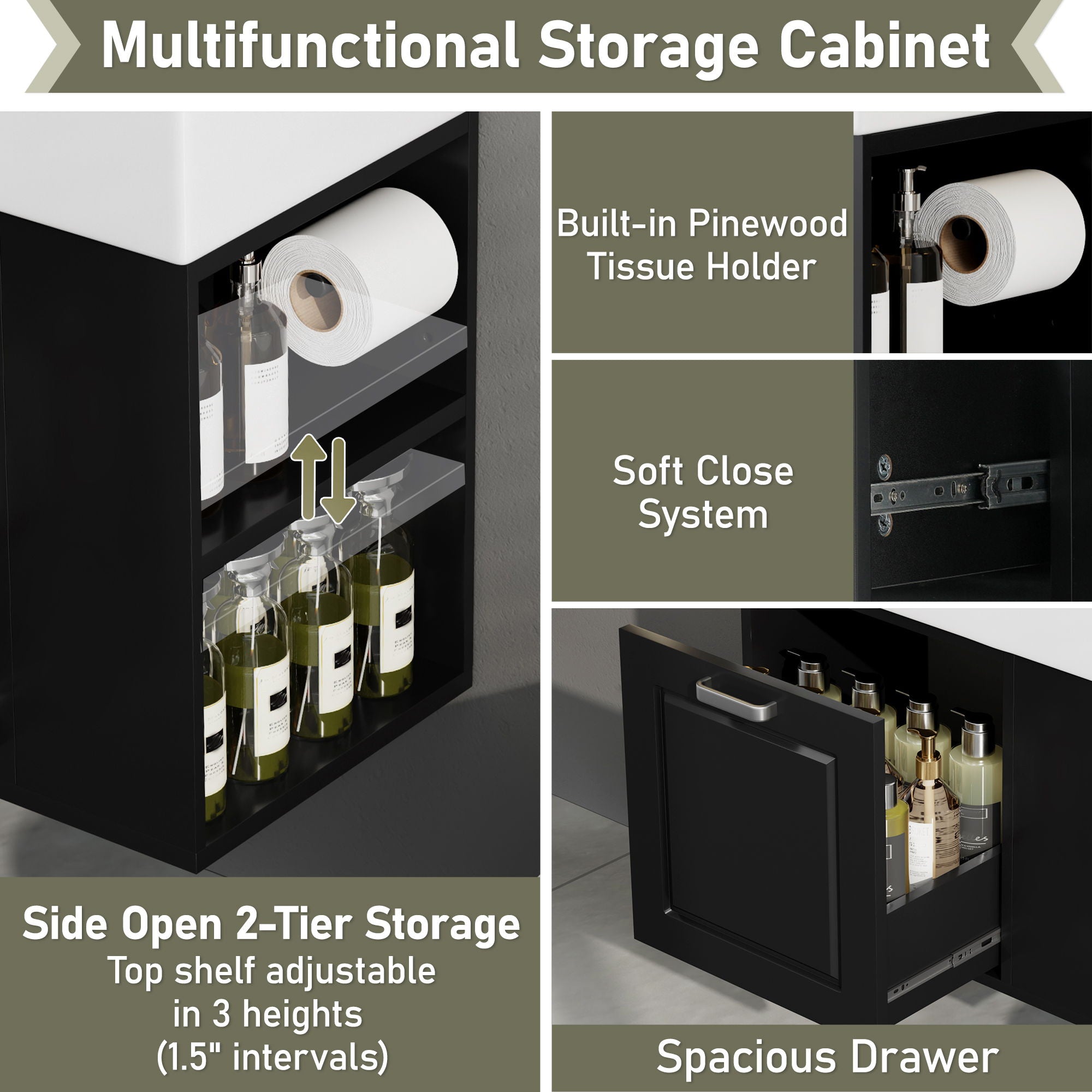 Modern Wall Mounted Bathroom Vanity With Sink, Soft Close Drawer, Adjustable Shelf, Toilet Paper Holder