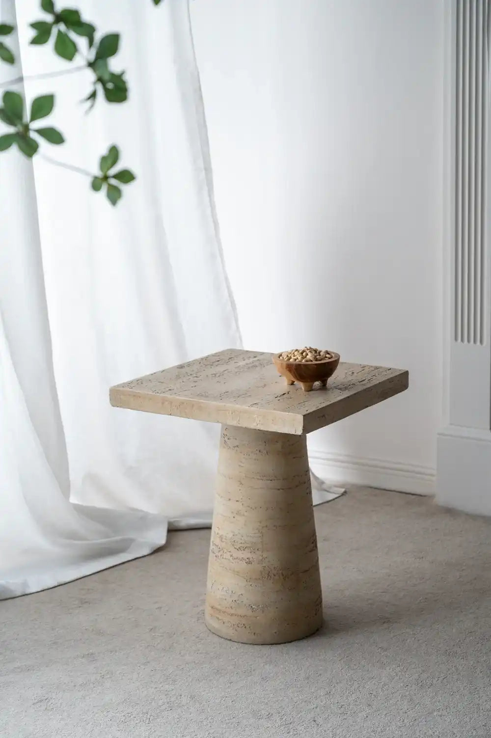 Faux Travertine Square Side Table with Pedestal Base