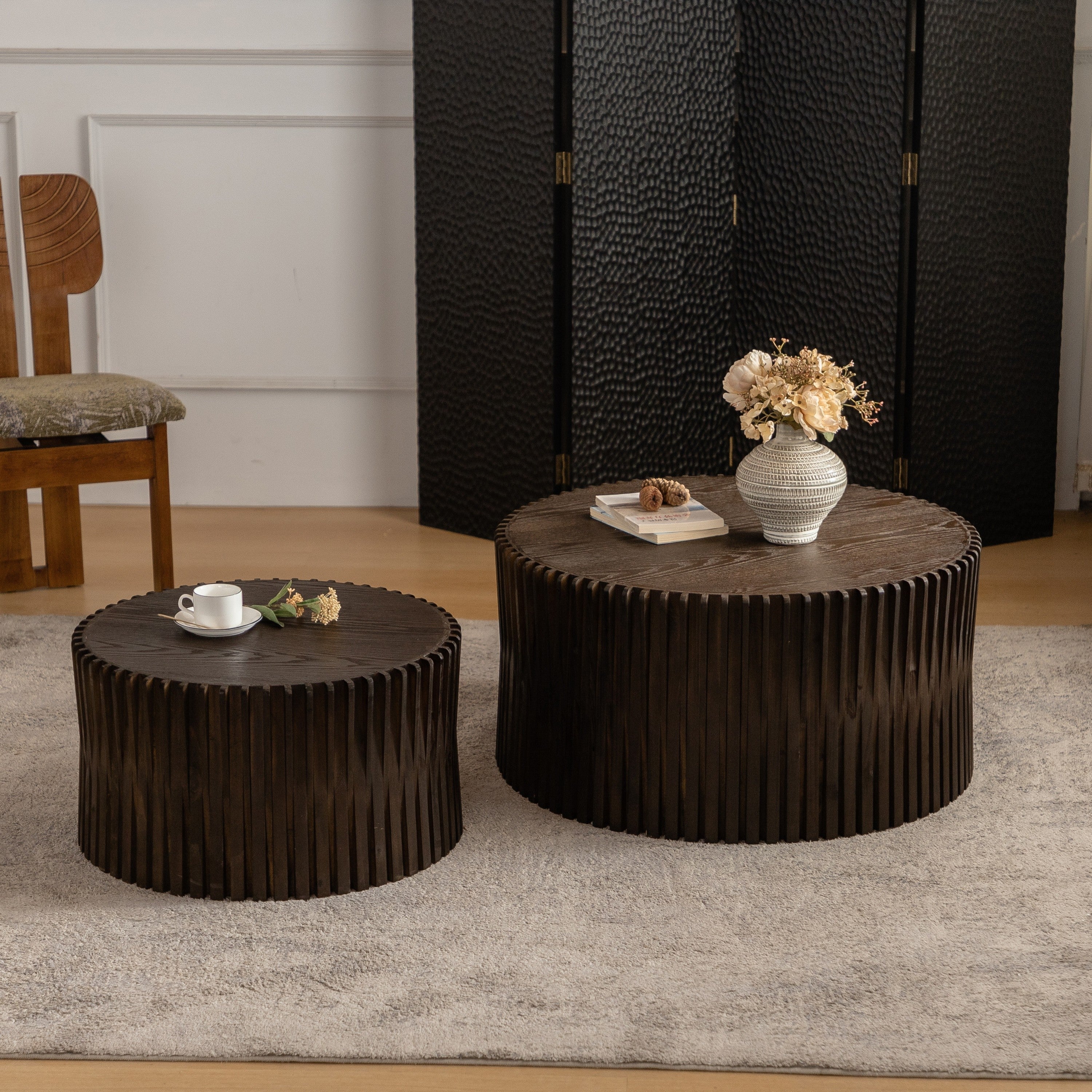 Vintage Style Cylindrical Nesting Coffee Table Set with Textured Embossed Design