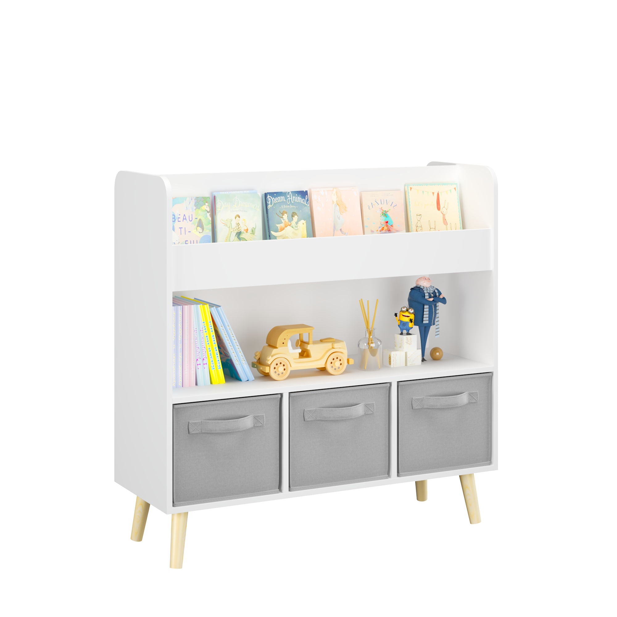 Bookshelf With 3 Bins, Storage Shelf For Toys And Books - White