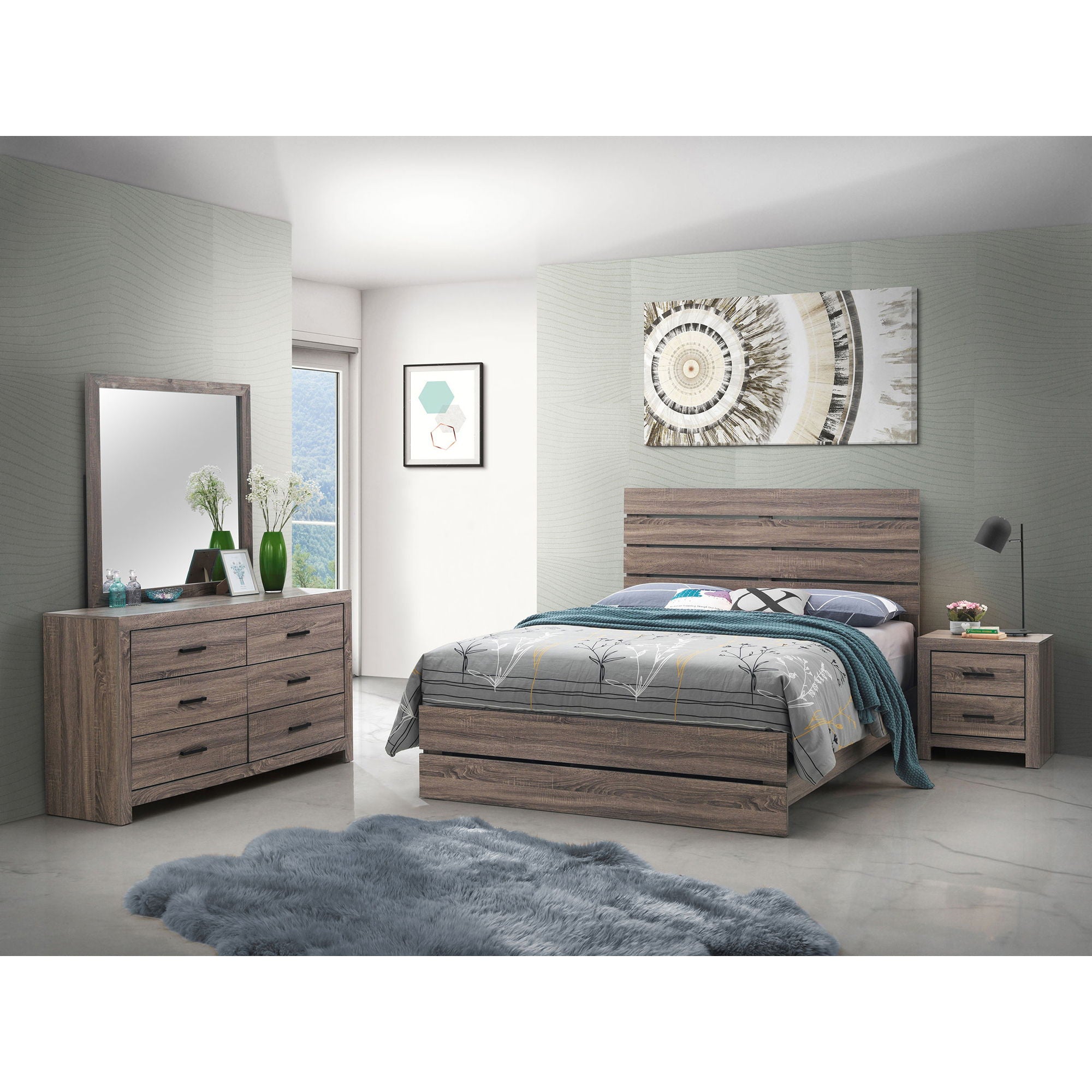 Geary - 4 Piece Queen Slatted Headboard Panel Bedroom Set - Oak