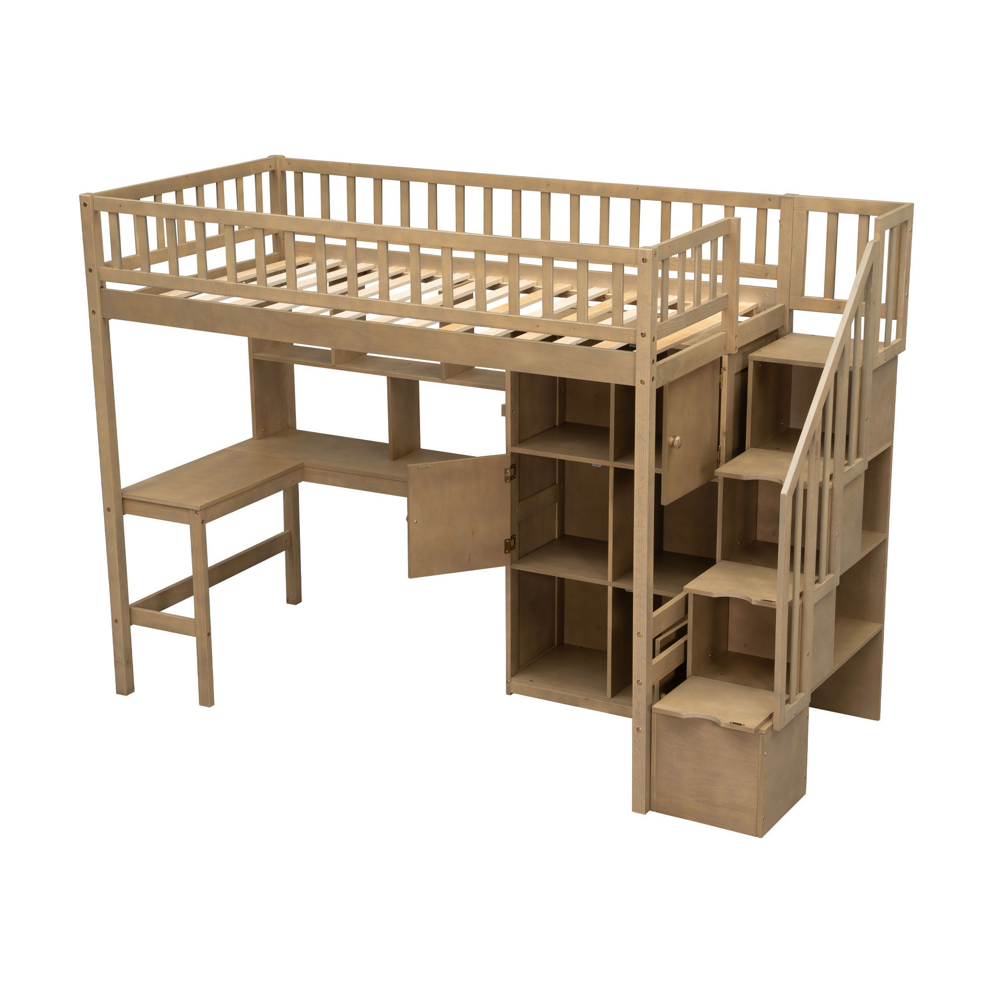 Loft Bed With Built In L Shaped Desk, LED Lights, Storage Shelves, Cabinets, And Staircase
