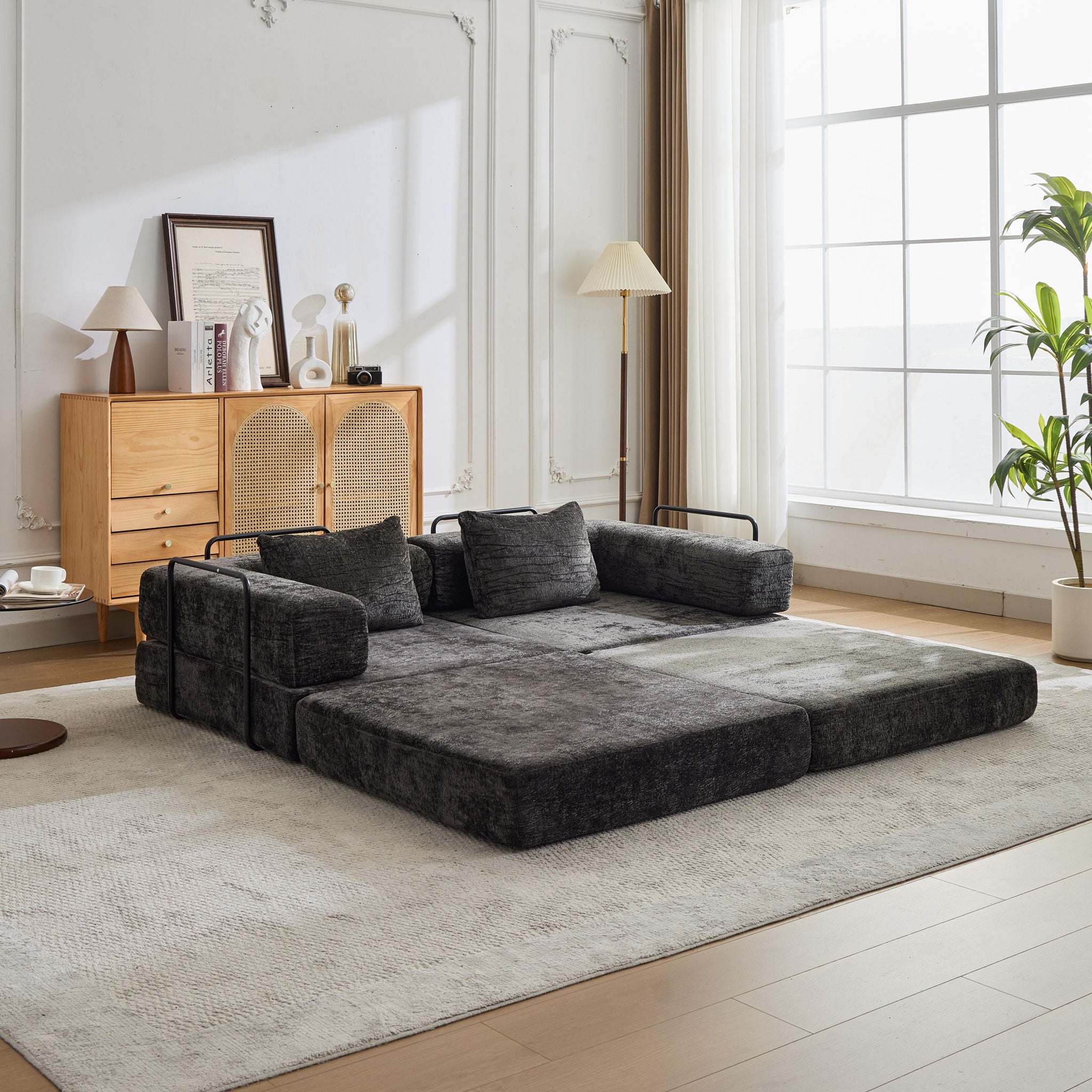 Convertible Floor Sofa Bed With Fixed Shape Frame, Loveseats Boneless Modular Sectional, For Living Room - Black