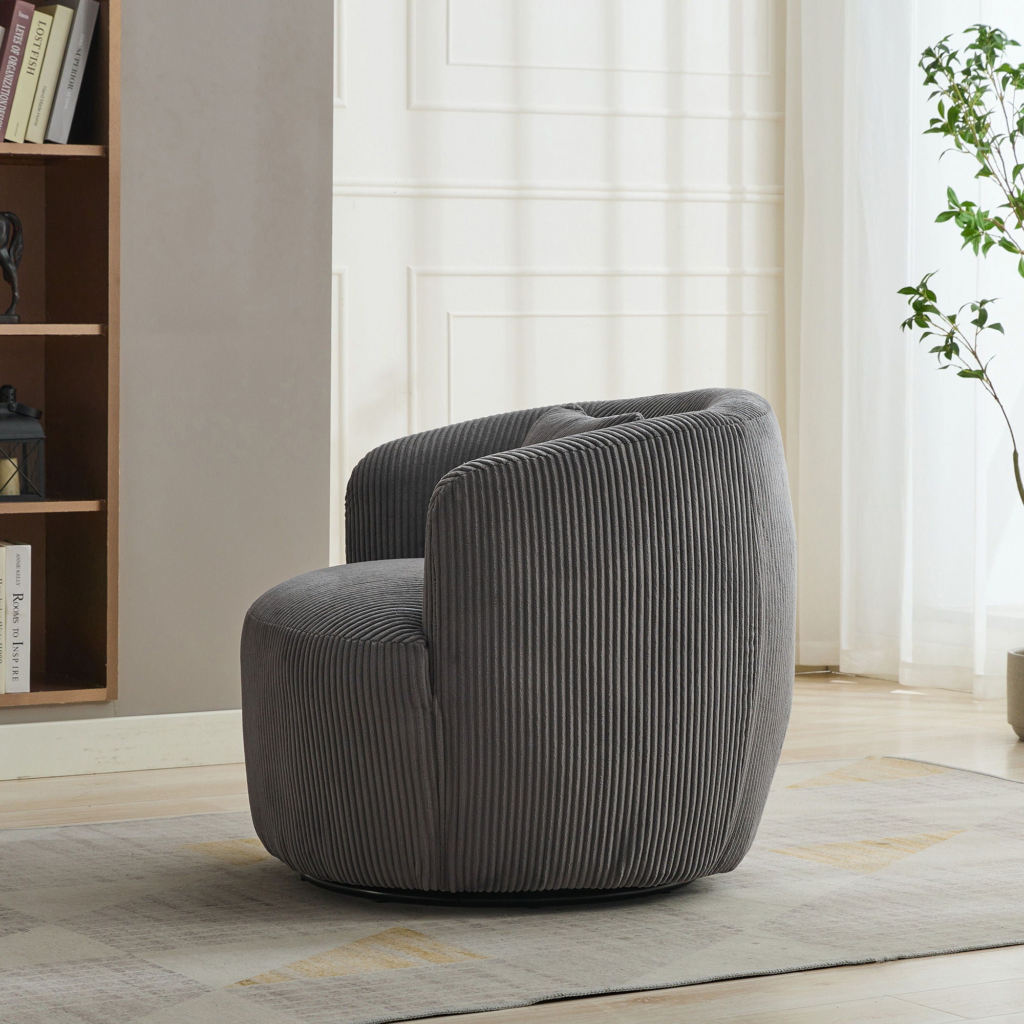 Wide Upholstered Corduroy 360° Swivel Barrel Soft Chair With Pillow