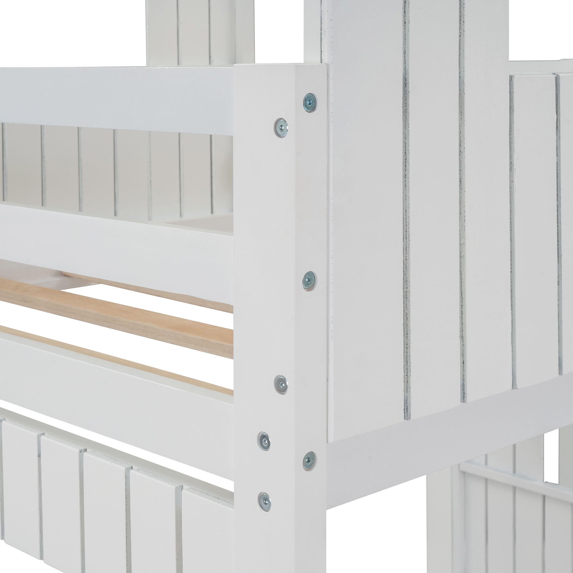 Twin Over Full Bunk Bed, With Playhouse, Farmhouse, Ladder And Guardrails - White