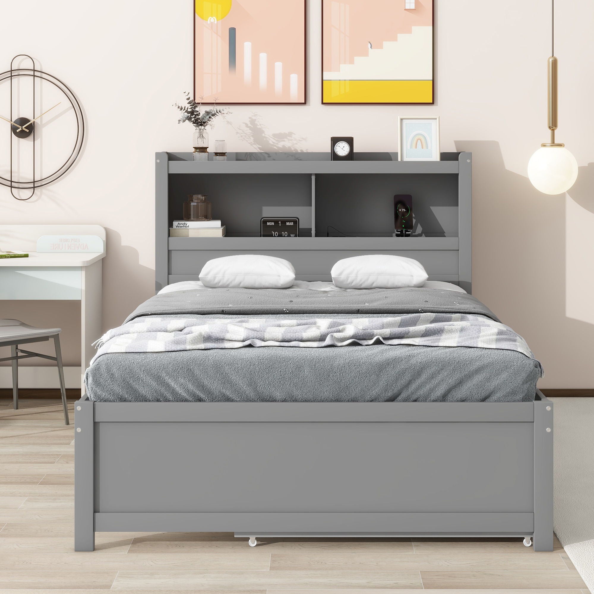 Full Size Platform Bed With Trundle, Drawers, USB Ports And Built In Shelves - Gray