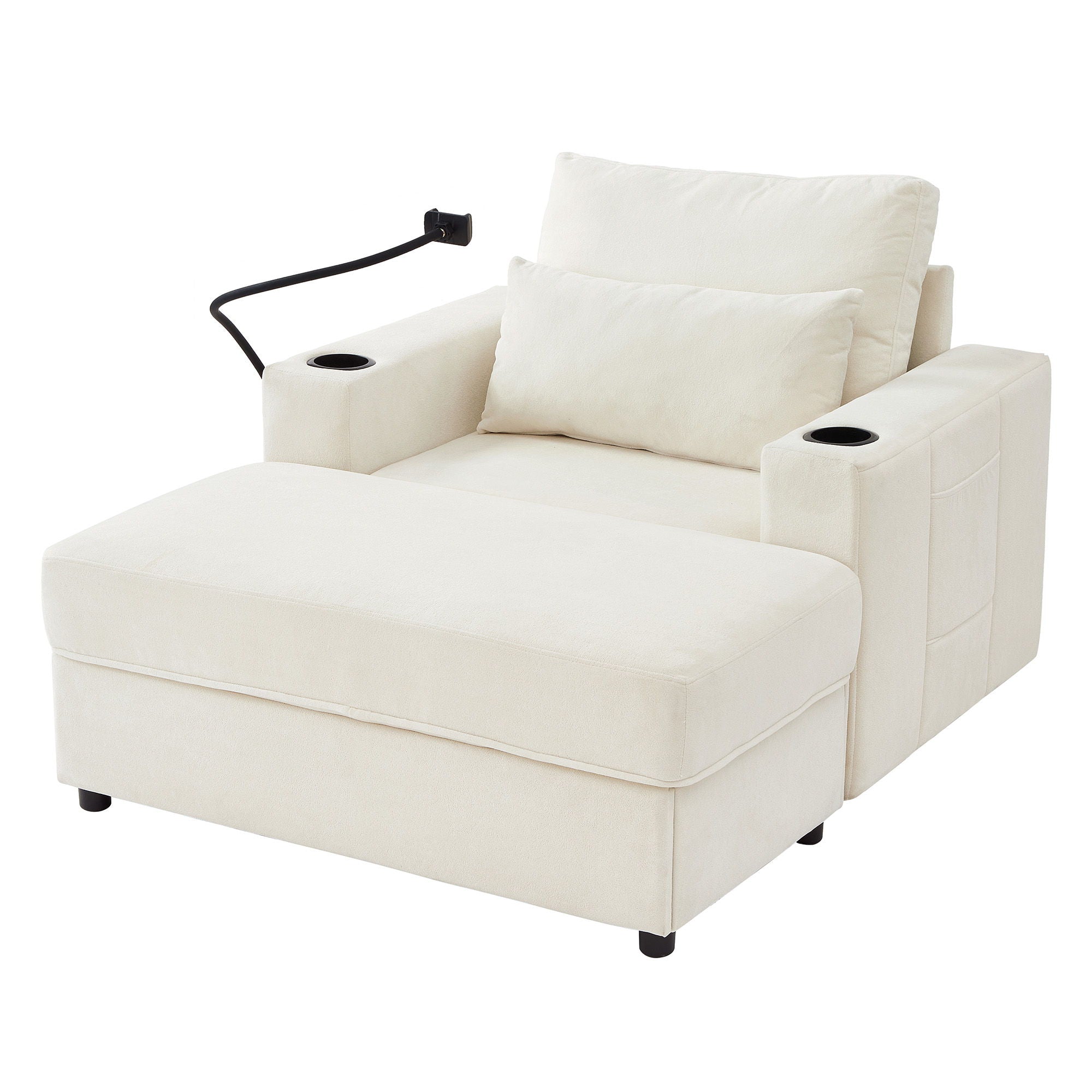 Modern Style Armchair Chaise Lounge Sofa Couch With Movable Storage Ottoman, USB Ports, Cup Holders, Phone Holder, Side Pockets