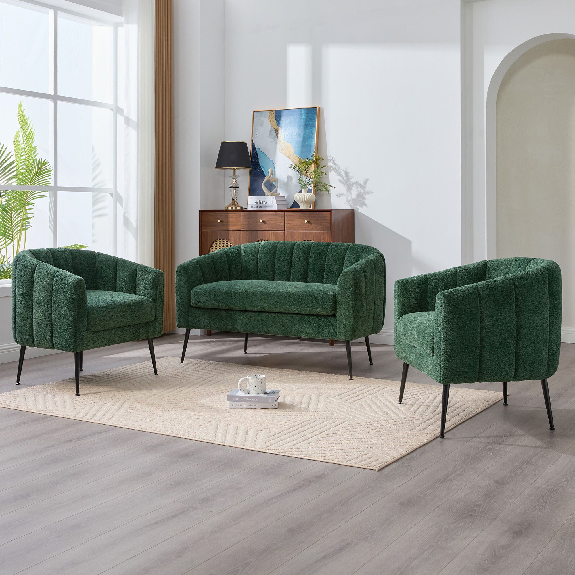 3 Piece Living Room Set, Loveseat & Accent Chairs - Green