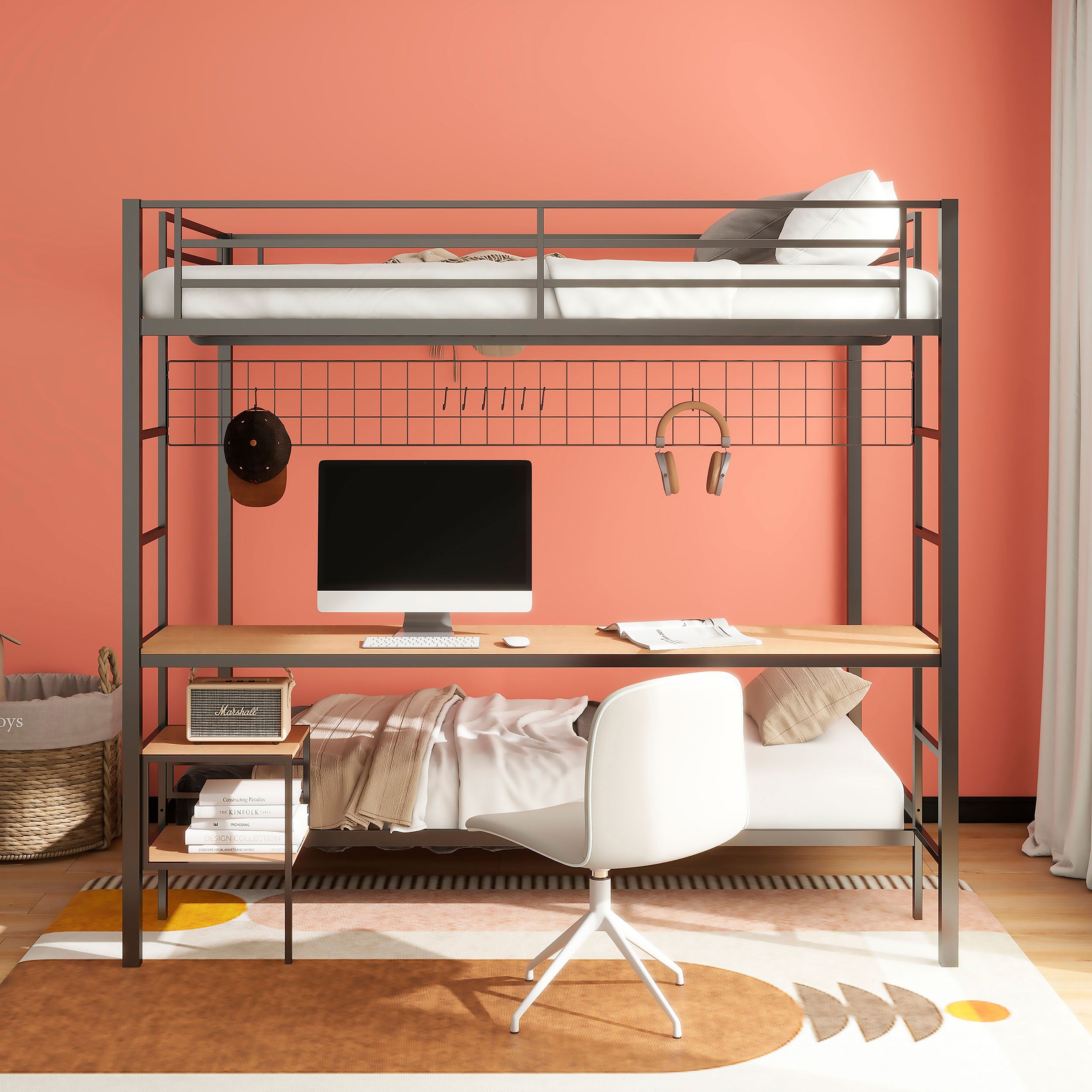 Bettoni Metal Full Over Twin Workstation Bunk Bed Matte Black-
