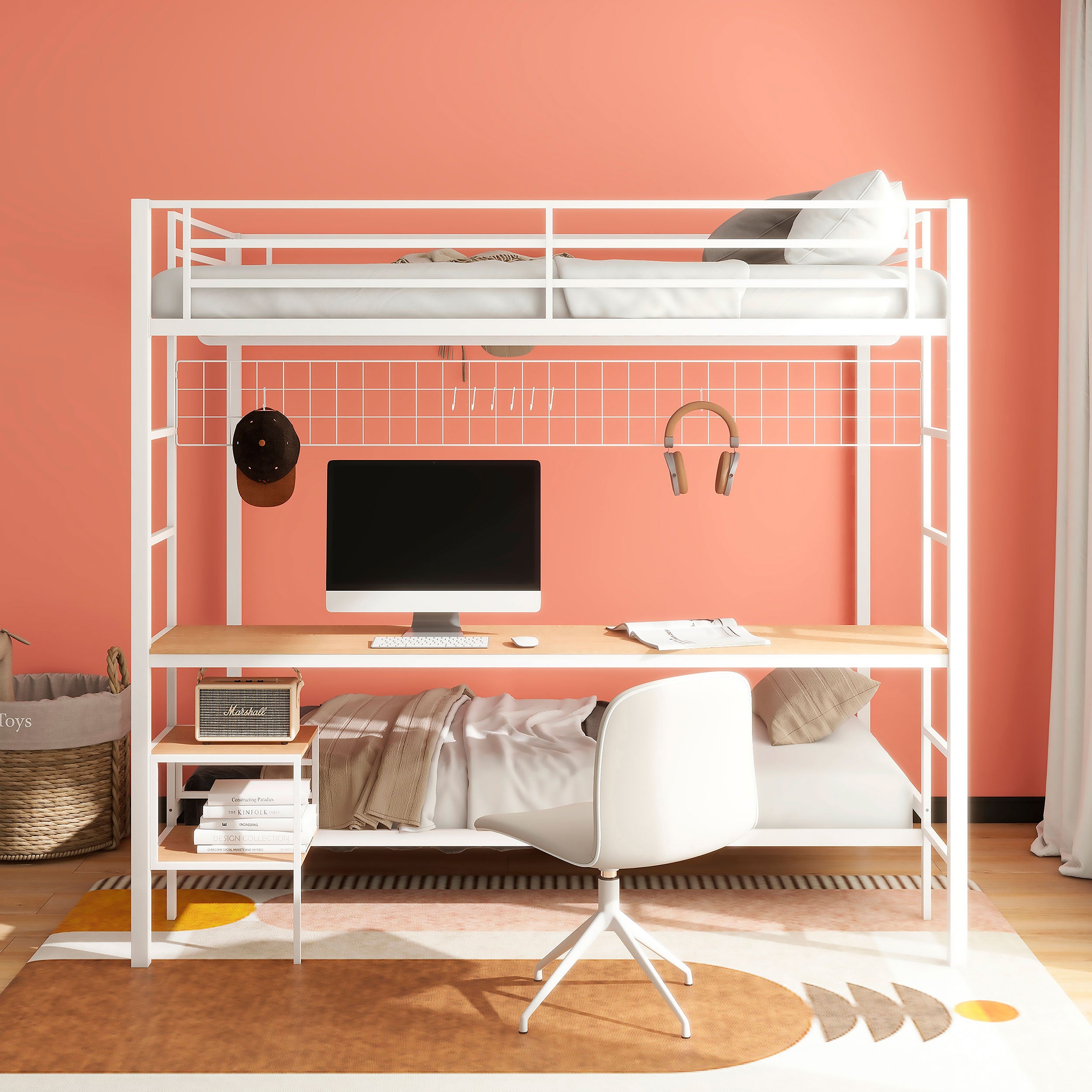Bettoni Metal Full Over Twin Workstation Bunk Bed Matte White-