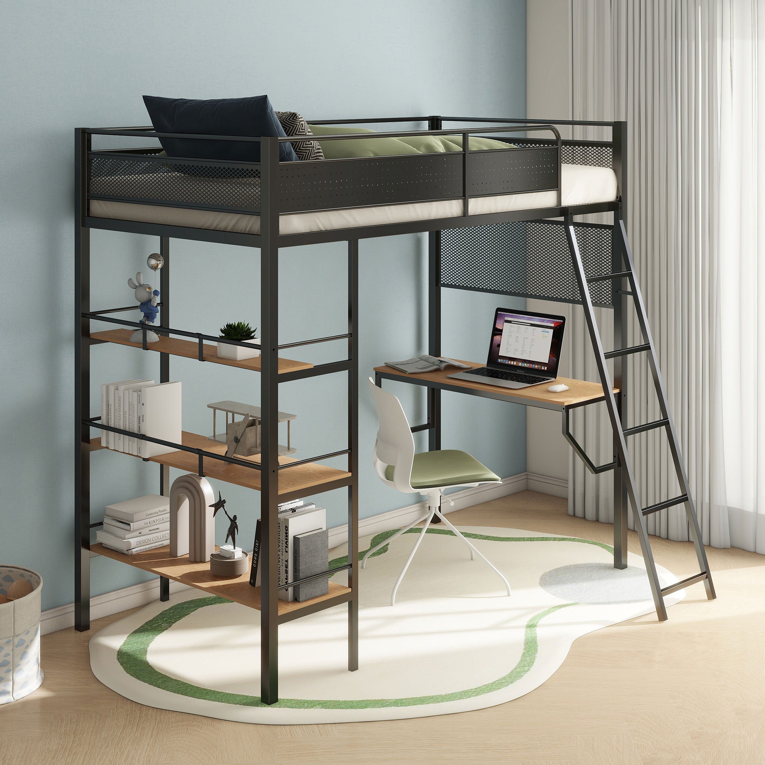 Campus 3-shelf Metal Twin Workstation Loft Bed Matte Black-