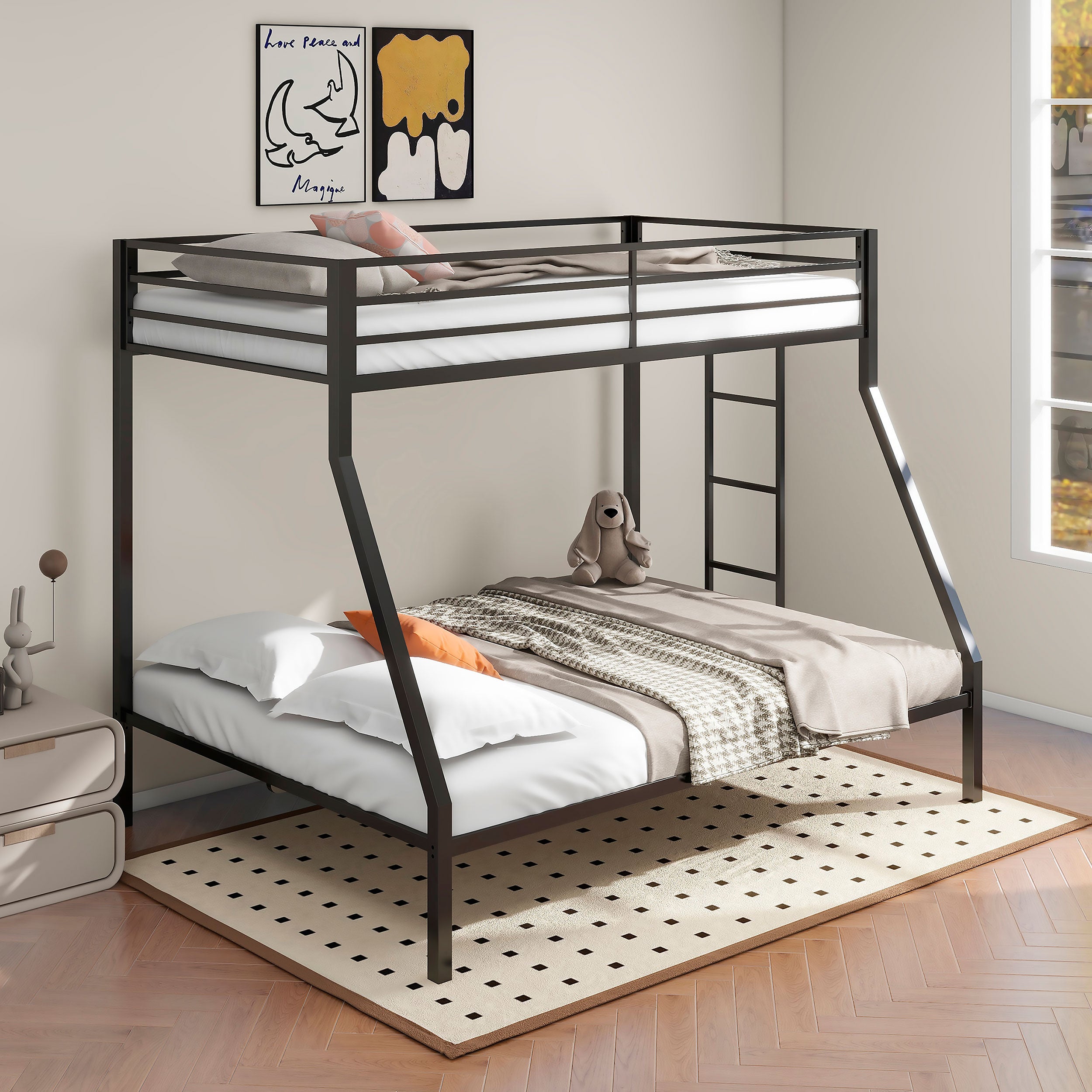 Alevera Metal Twin Over Full Bunk Bed with Ladder Black-