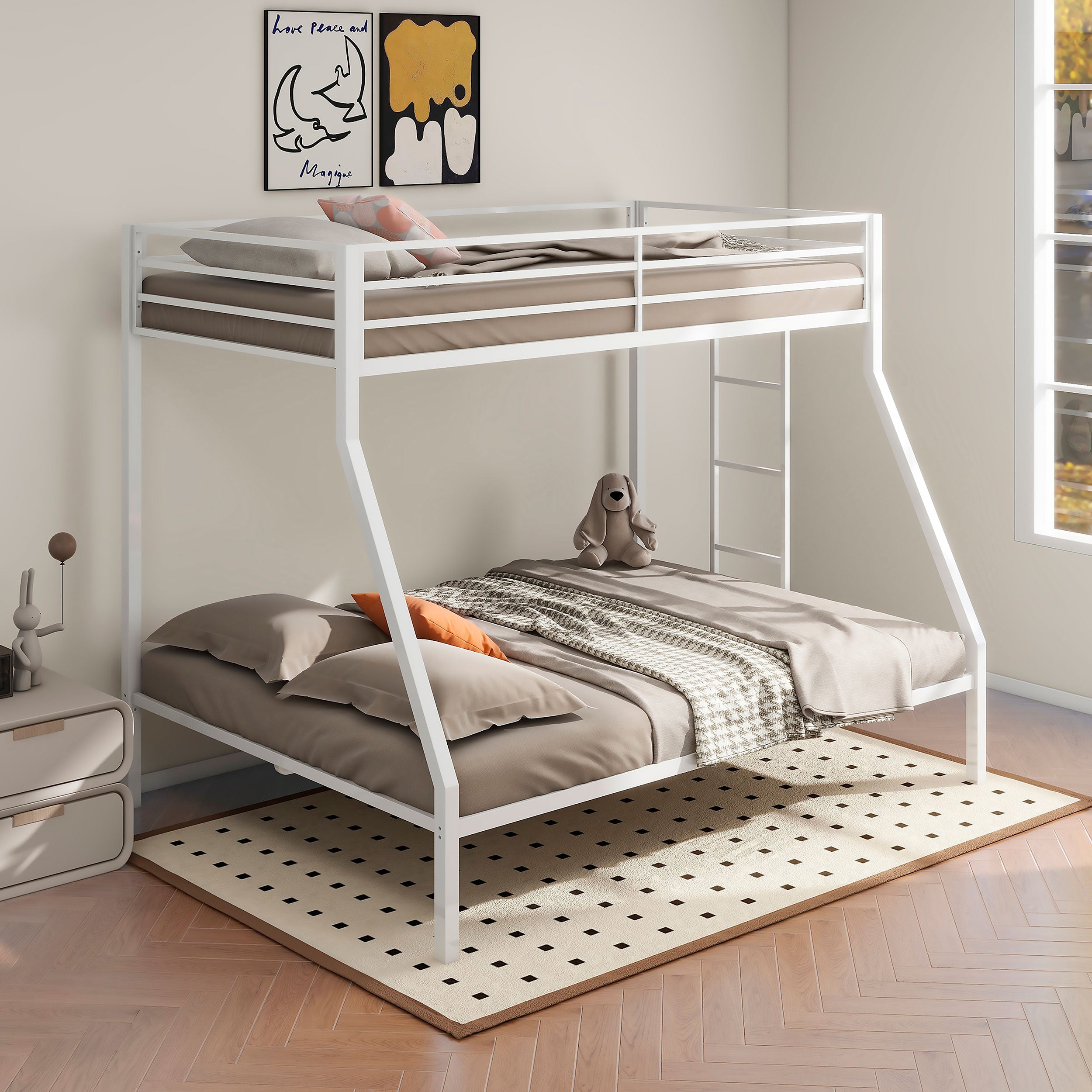 Alevera Metal Twin Over Full Bunk Bed with Ladder White-