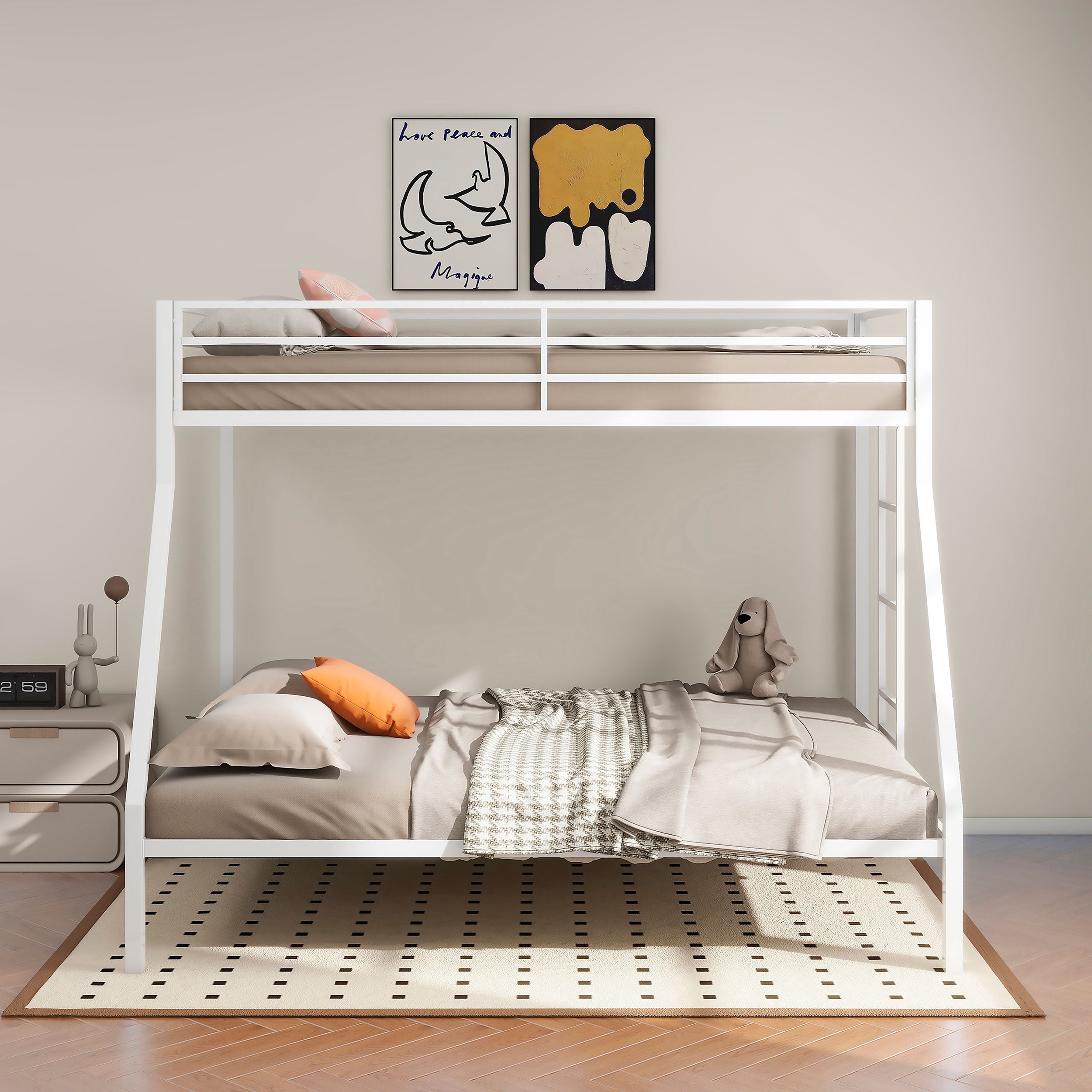 Alevera Metal Twin Over Full Bunk Bed with Ladder White-