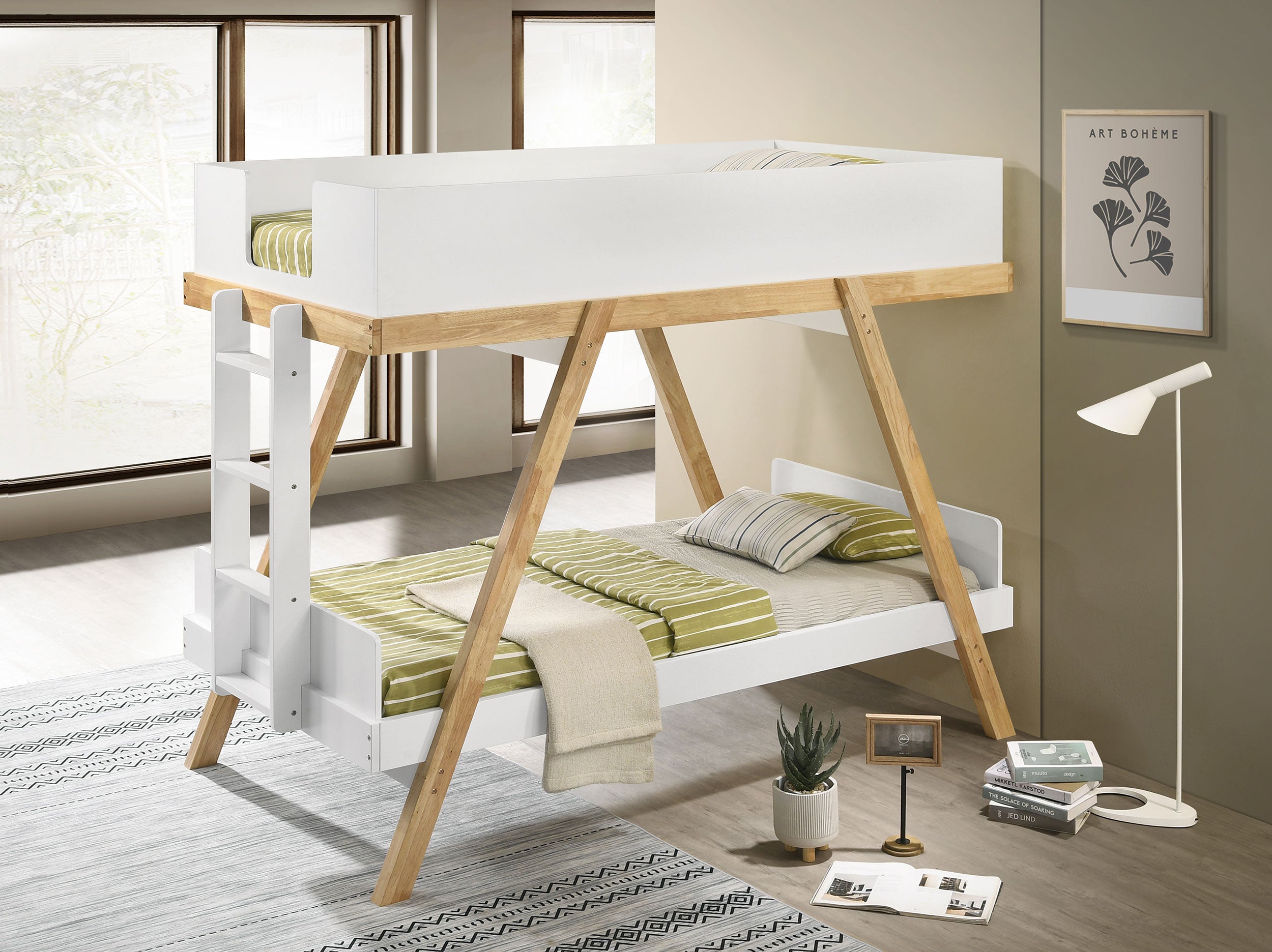 Frankie Wood Twin Over Twin Bunk Bed White and Natural-
