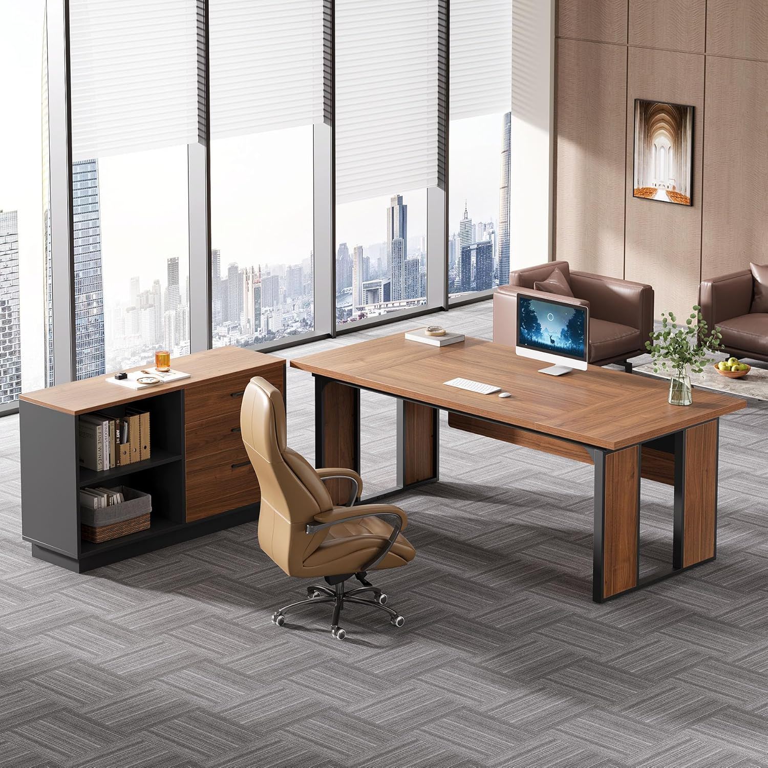 L-Shaped Executive Desk With File Cabinet, Office Computer Desk With Drawers & Open Shelves, Workstation For Home Office - Brown / Black