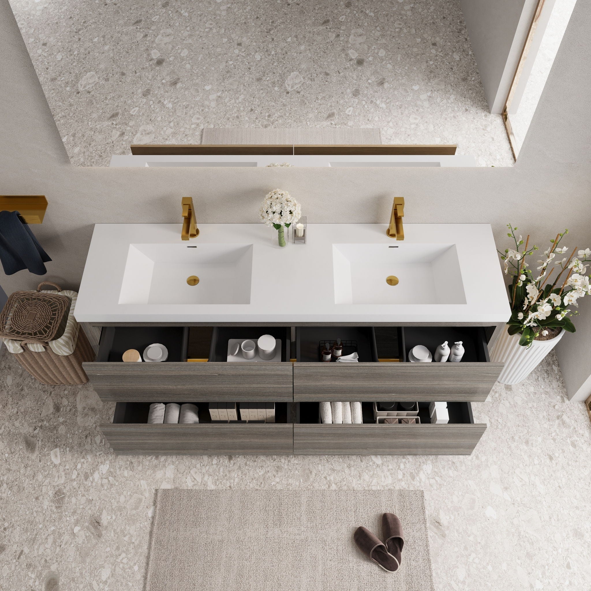 Bathin Freestanding Bathroom Vanity With Double Sinks, Bathroom Storage Vanity Cabinet With Stone Resin Countertop And Soft Close Drawers