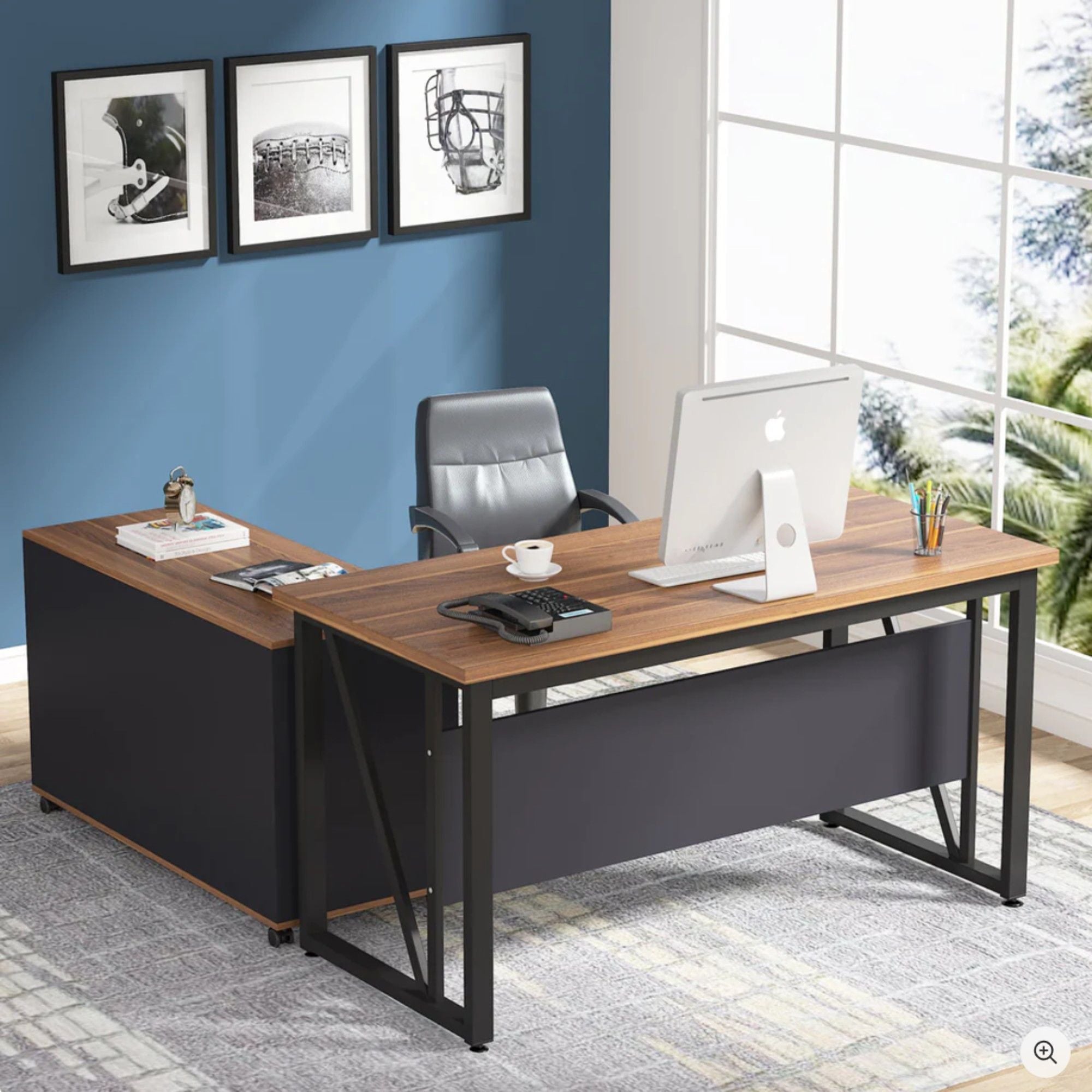 L-Shaped Executive Desk With Mobile File Cabinet, Large Home Office Workstation With Drawers And Shelves - Brown / Black