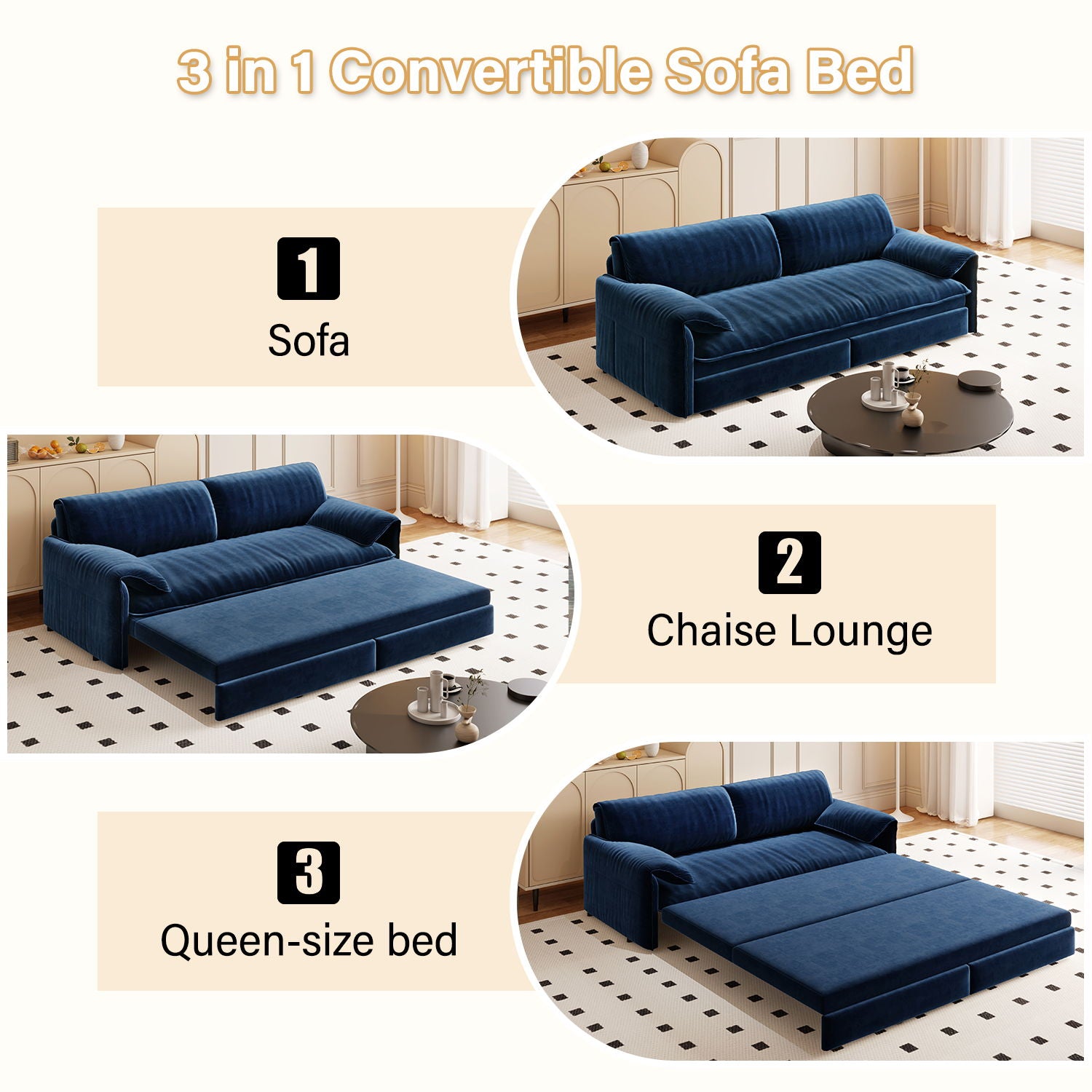 Queen Pull Out 3 In 1 Convertible Sleeper Sofa With Side Storage