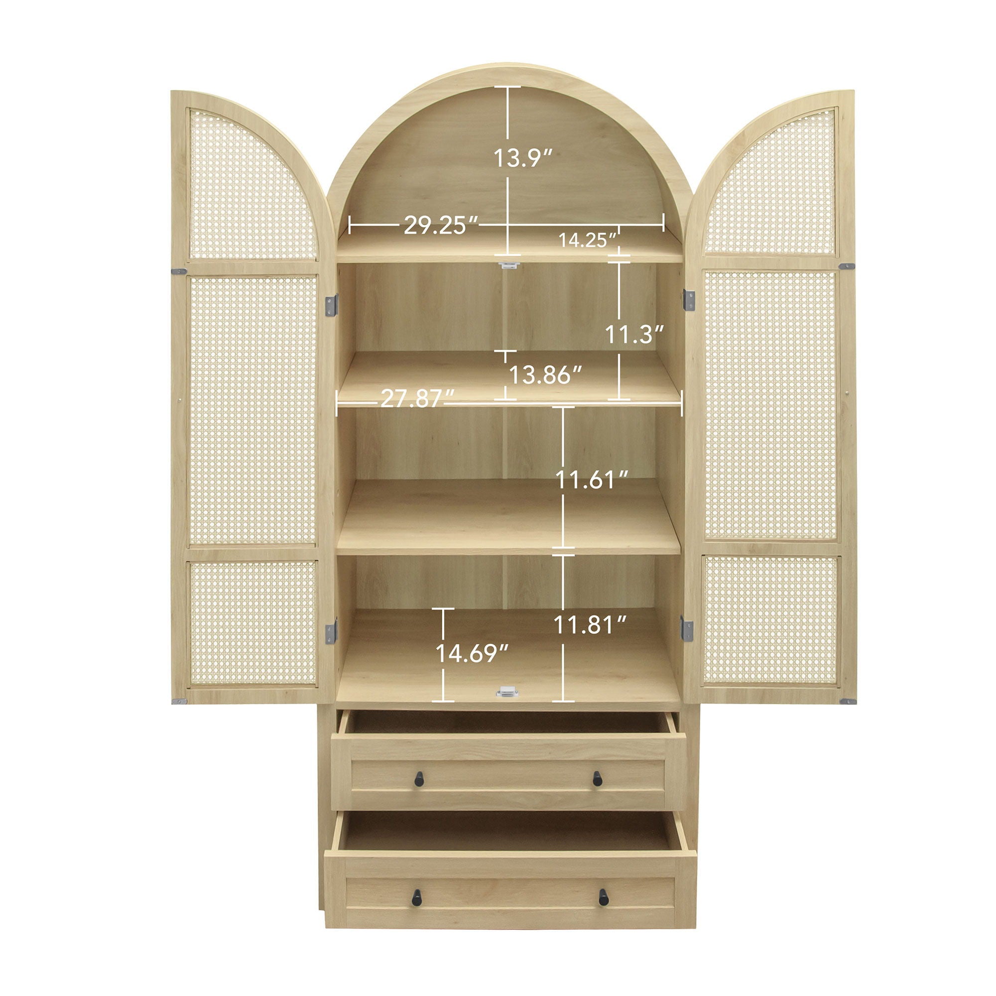 Tall Arched Kitchen Pantry, Arched Storage Display Cabinet With 2 Drawers & Adjustable Shelves, Rattan Door Versatile Storage Cabinet For Kitchen, Dining Room, Living Room - Natural